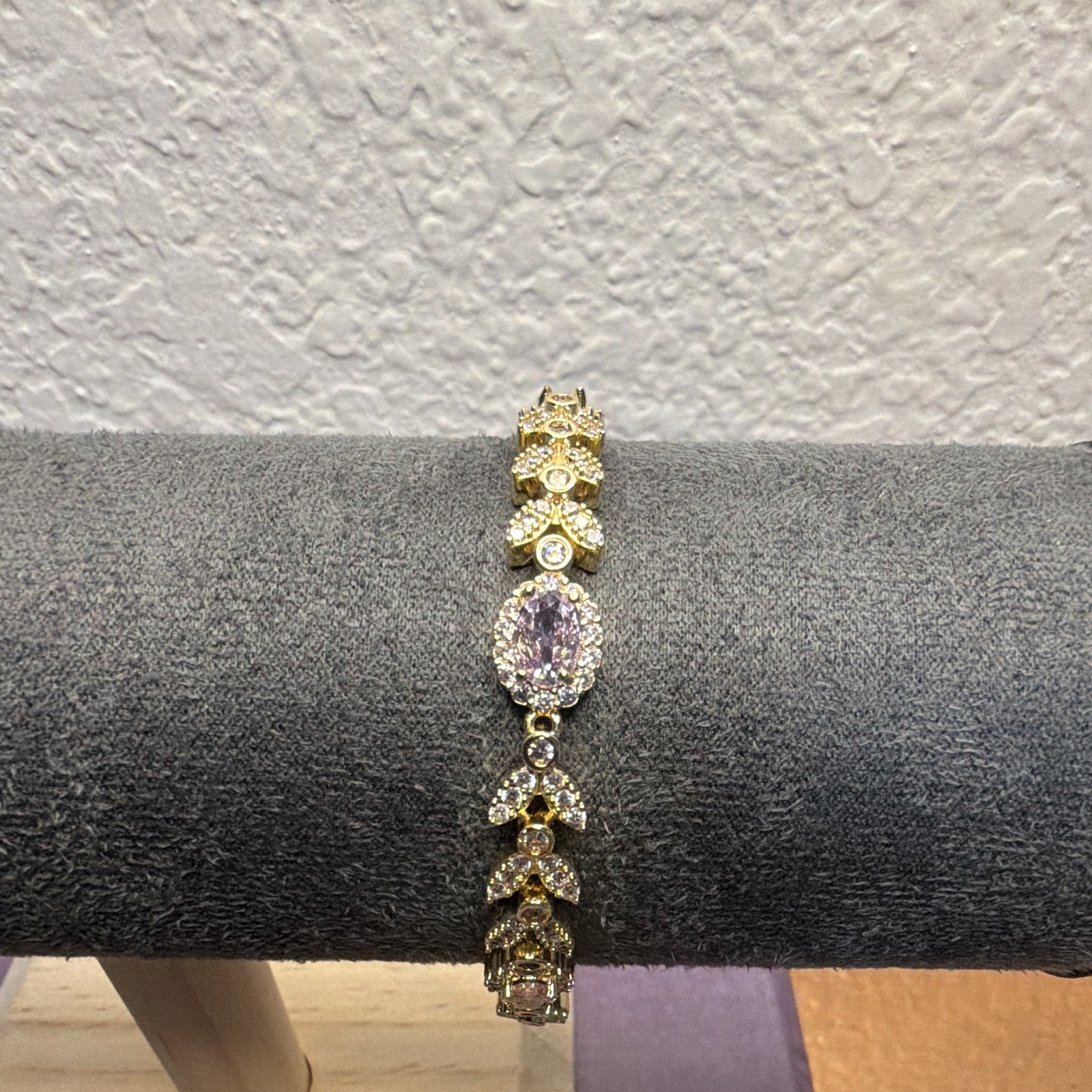 Gold-Tone Tennis Link Chain Bracelet Multicolor Oval Crystal Stones Box Clasp