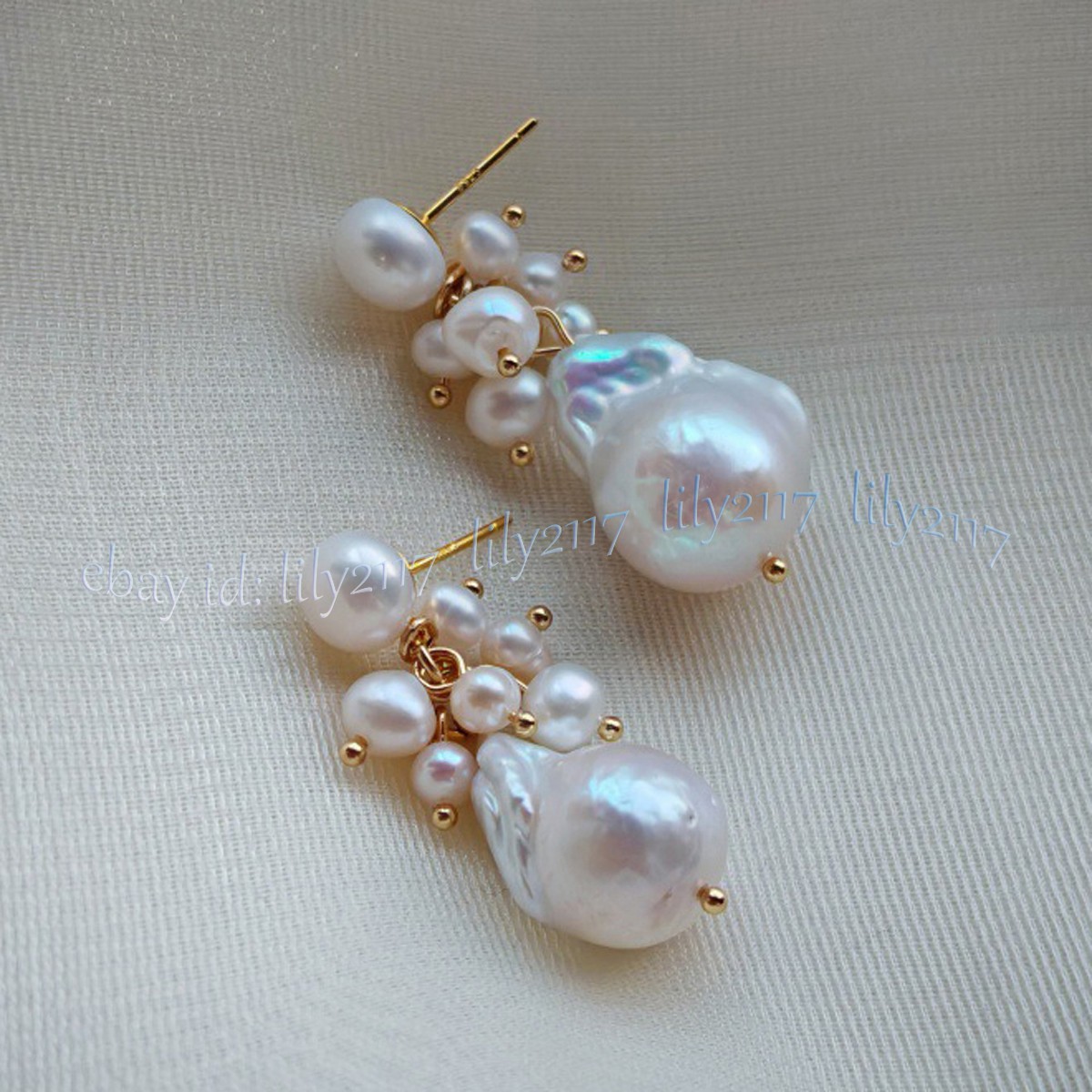 Genuine Natural White Pearl Keshi Baroque Pearl Cluster Dangle Stud Earrings