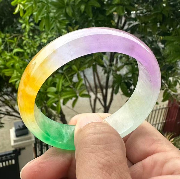 Natural Grade A Jadeite Bangle Tri-Color Green Lavender Yellow Burmese Jade 59mm