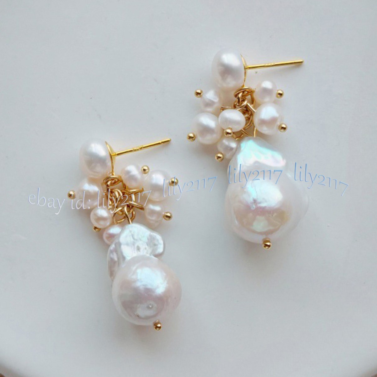 Genuine Natural White Pearl Keshi Baroque Pearl Cluster Dangle Stud Earrings