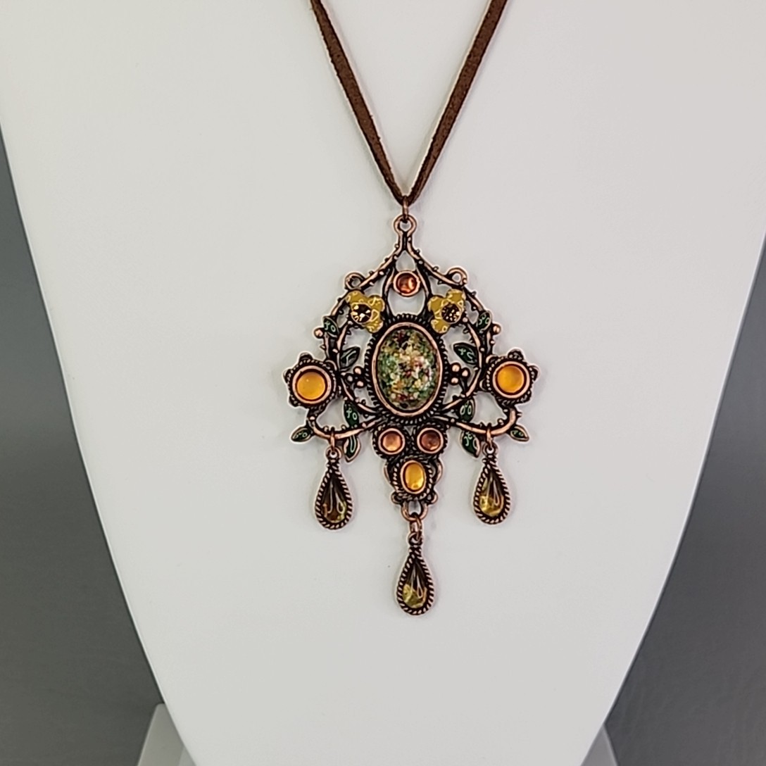 Art Nouveau Revival Pendant Necklace Speckled Oval Brown Suede Cord 20″