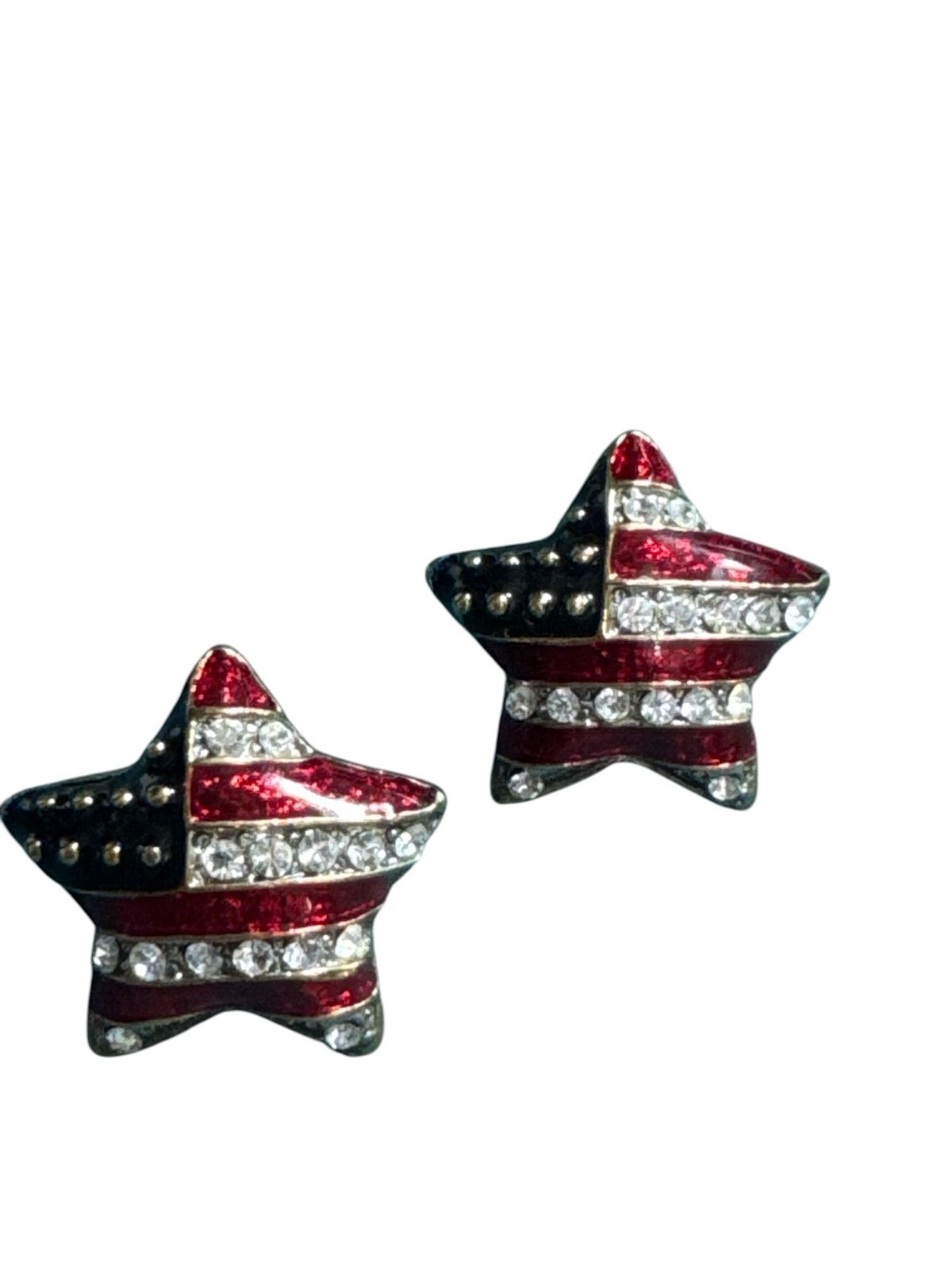 Patriotic Star Shaped Earrings With American Flag Design & Rhinestones Red Whit