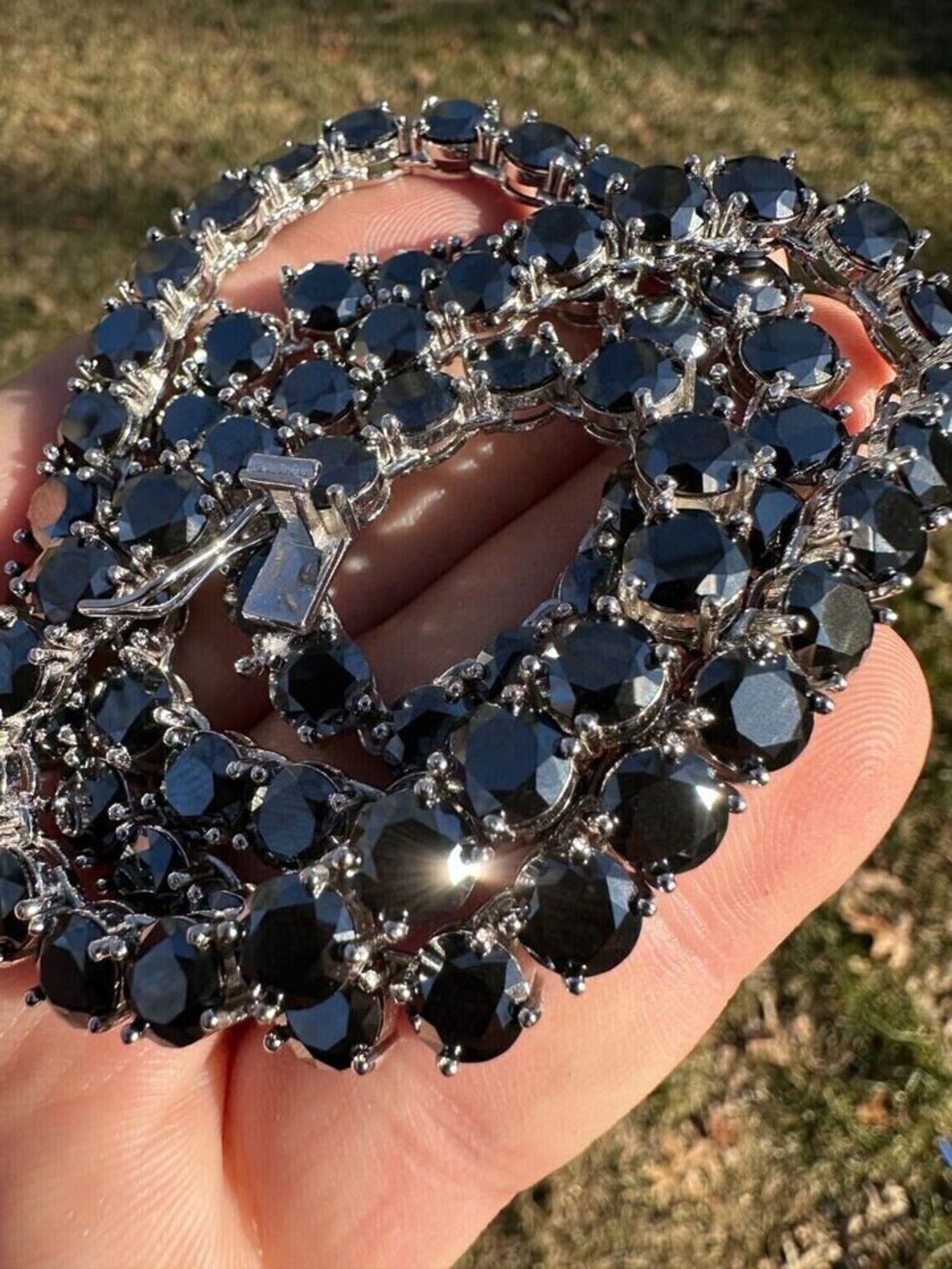 45.72 ctw Lab Created Black Spinel 14K White Gold Plated 5MM Tennis Necklace 18
