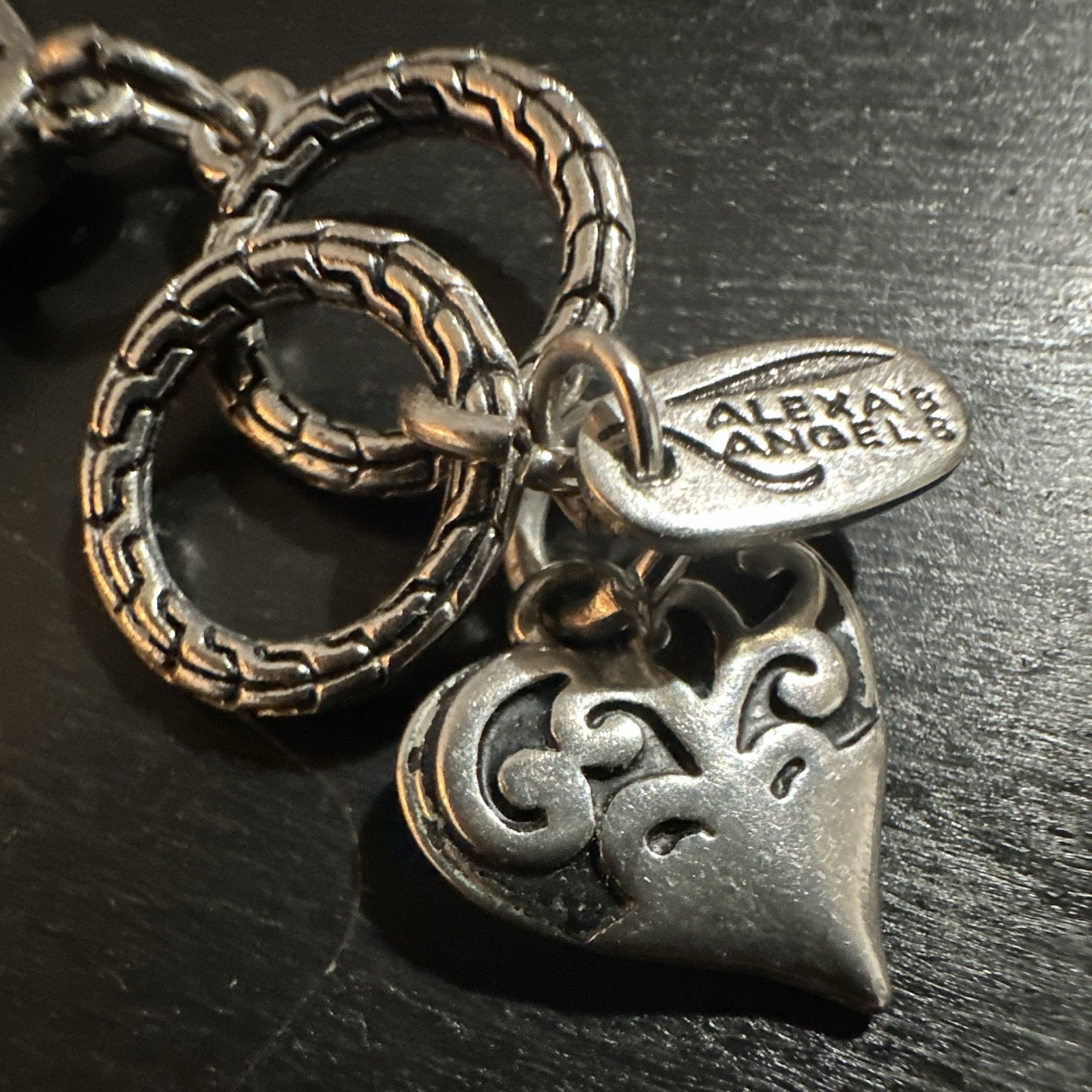 Alexa”s Angels Silver Tone Metal Chain Toggle Bracelet Heart Dangle Charm Signed