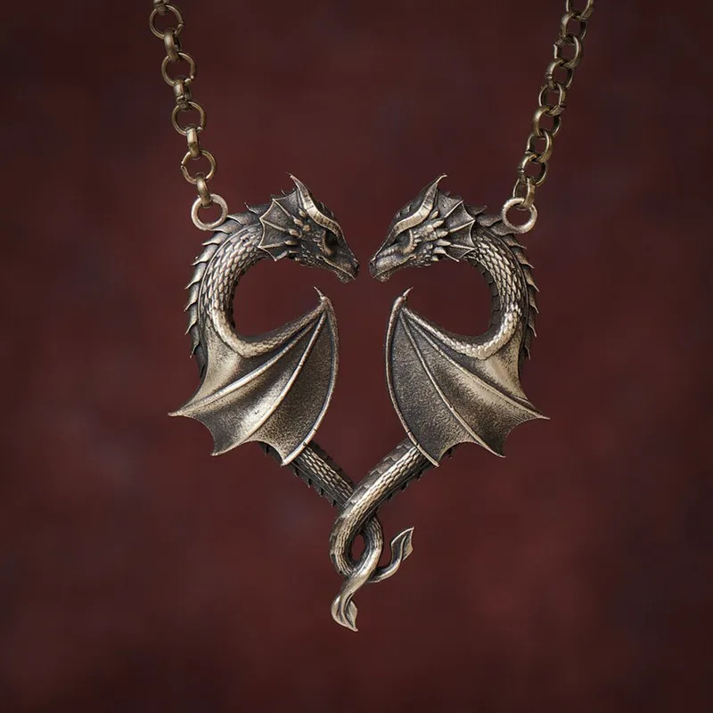 Elegant Heart Shaped Double Dragon Pendant Necklace