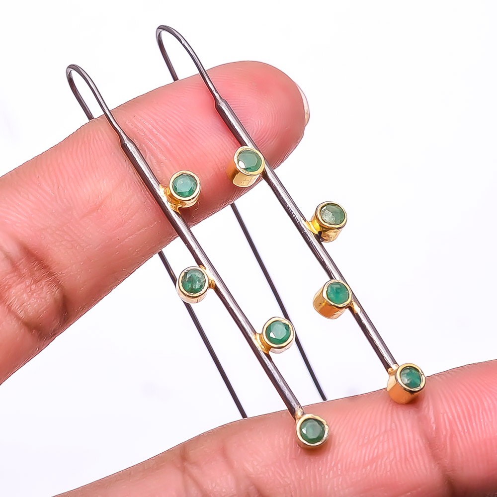 Emerald -Zambia Mines Simulated 925 Silver Black And Gold Plated Earring 2.15″