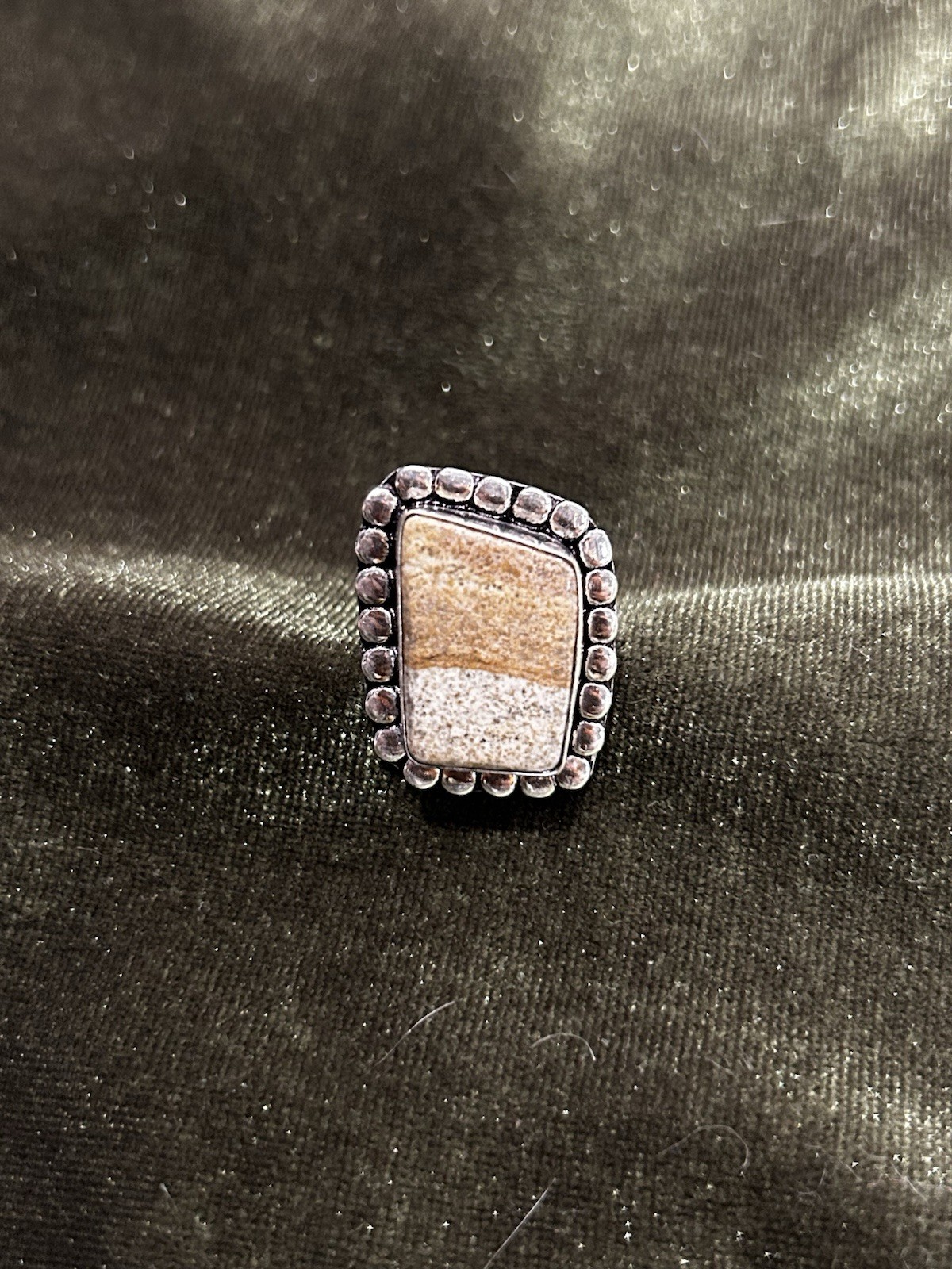 Silver Tone Rectangle Face Cocktail Ring w/ Beaded Border Band, Size 7