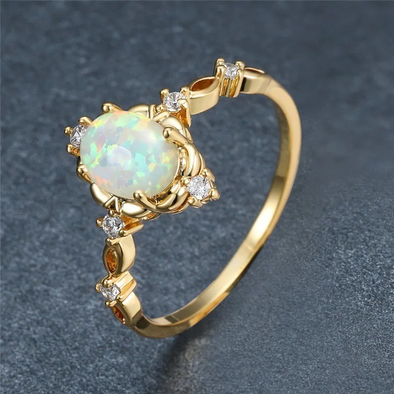 Gold Silver Color Opal Oval Stone Engagement Ring Crystal Wedding Band Women