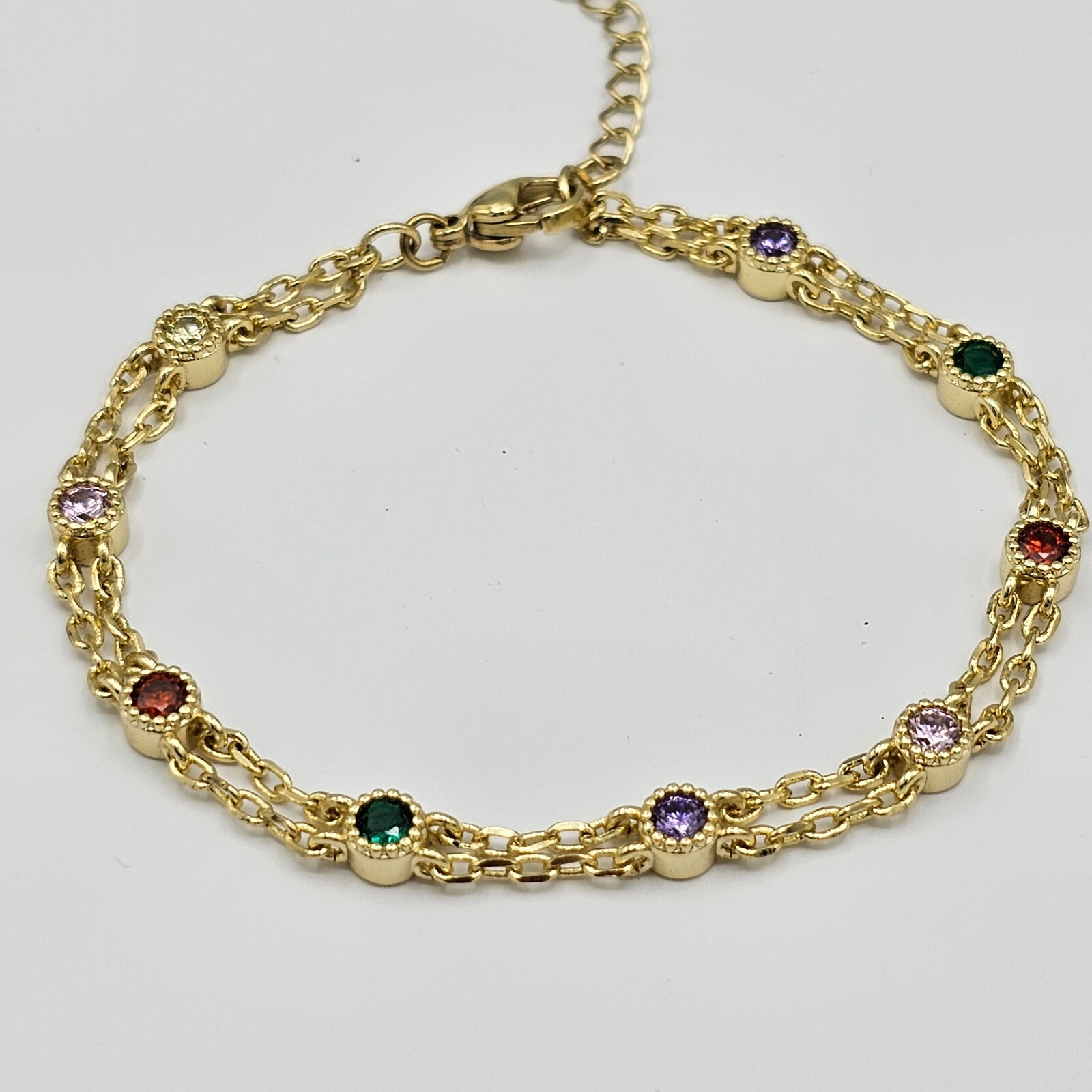 14K Gold Plated Double Chain Multicolor CZ Bracelet for Women. Green Purple Red