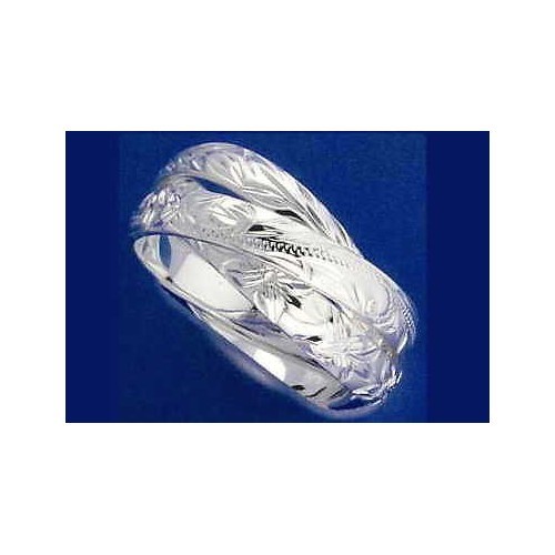 STERLING SILVER 925 3 IN 1 HAWAIIAN ENGRAVED PLUMERIA SCROLL MAILE LEAF RING