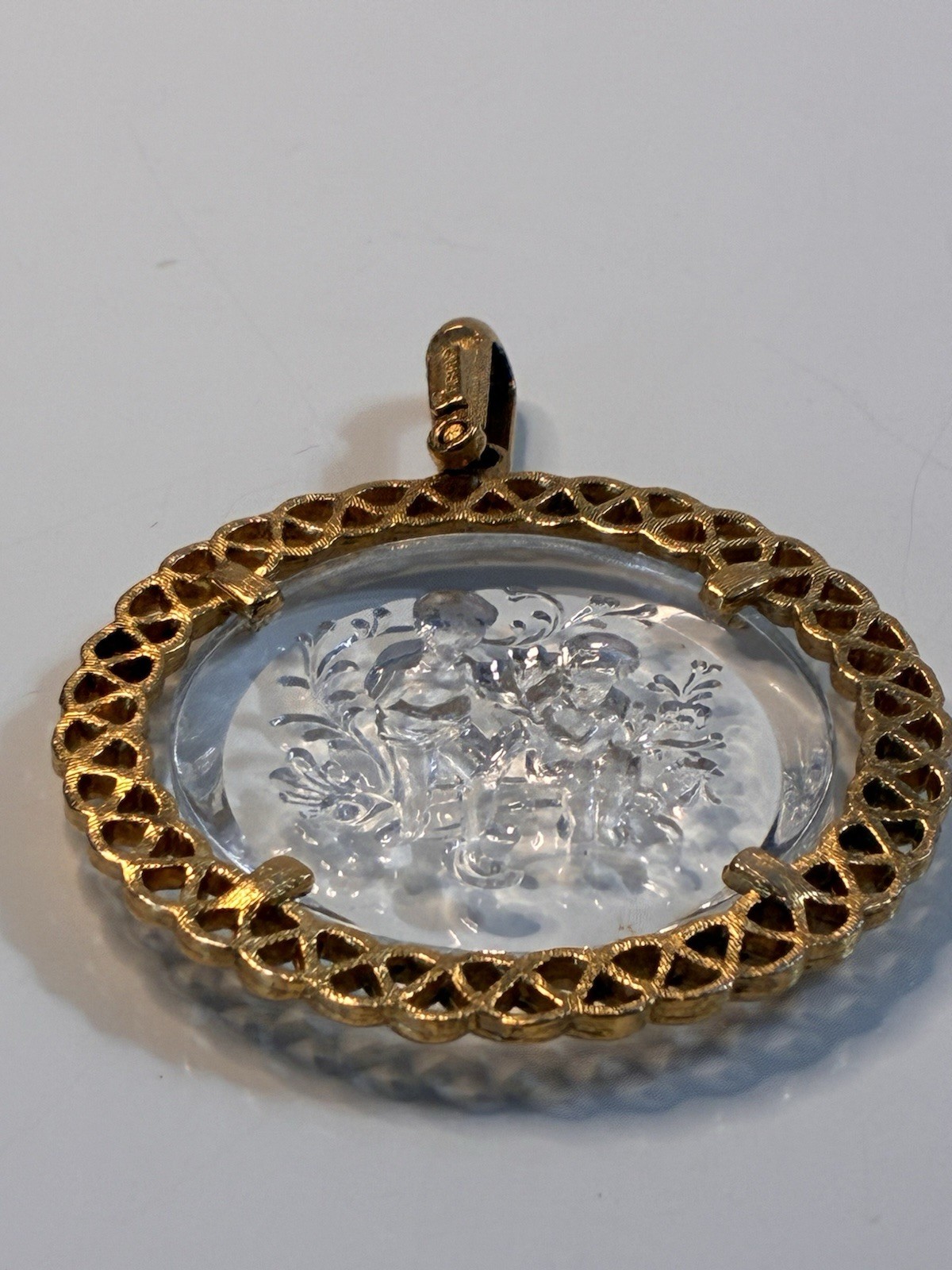 Trifari Gold Tone Round Clear Glass Intaglio Cameo Pendant, Signed
