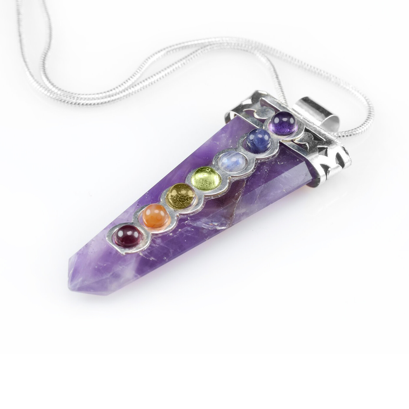 CHARGED Amethyst Crystal Point 7 Chakra Gemstone Silver Pendant & Necklace Reiki
