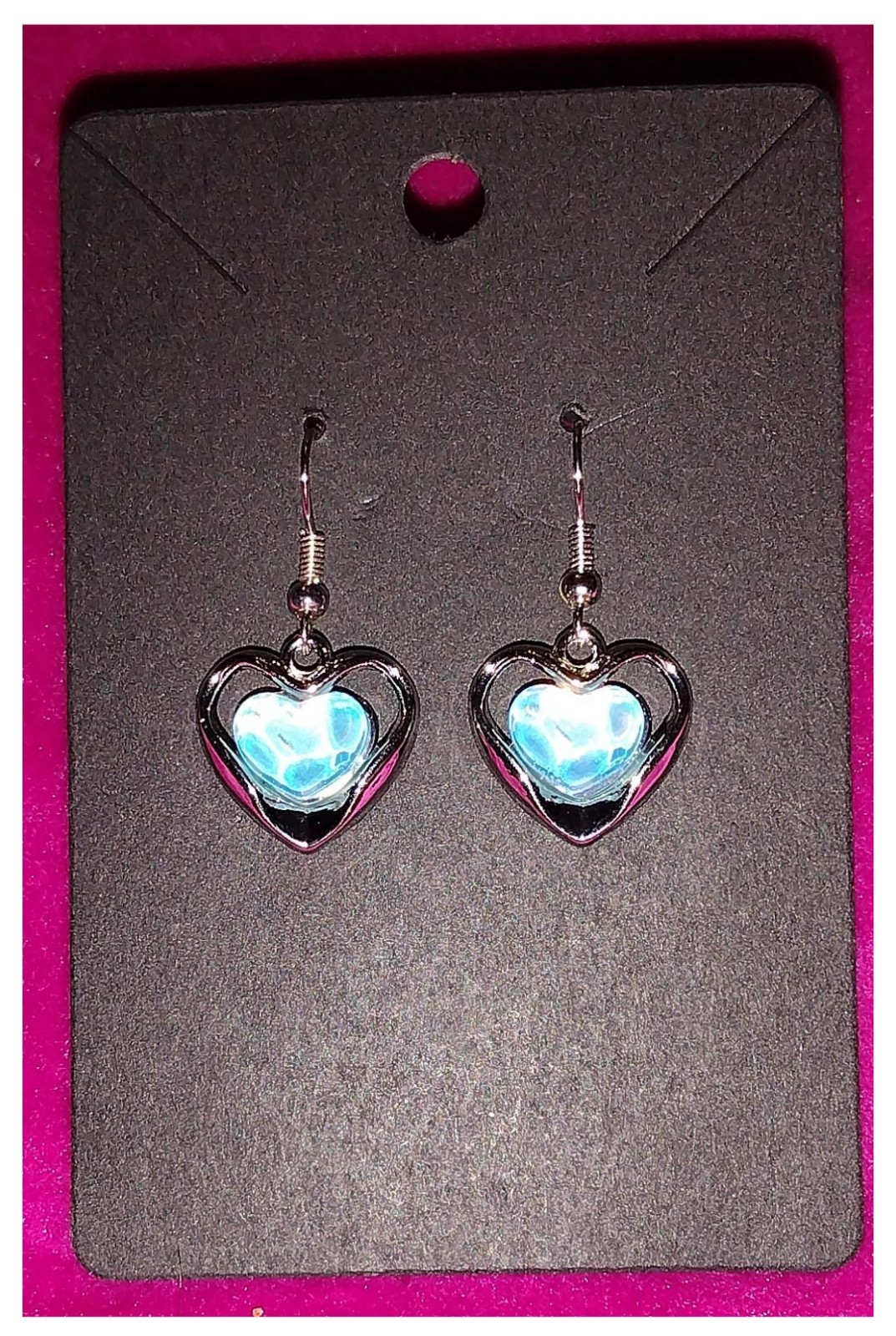 Synthetic Opal Gemstone Inside Silver Heart Drop Dangle Silver Plated Earrings