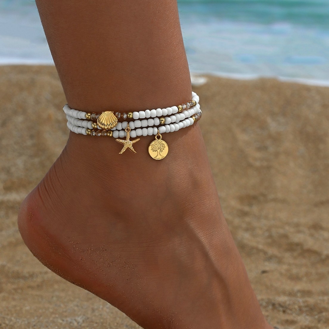 3pcs Boho Ceramic Bead Chain Gold-plated Pendant Combine Layered Anklets Chain