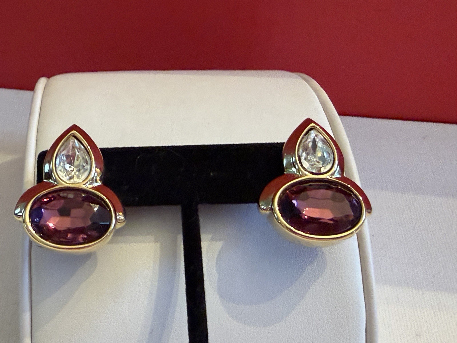 Monet Gold Tone Purple/ Clear Glass Teardrop Post Crystal Earrings BinR