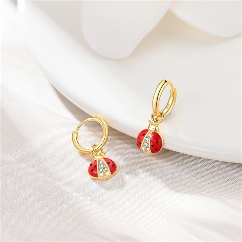 PANDACH 925 Sterling Silver Gold Plated Ladybug Drop Earrings For Women Jewelry