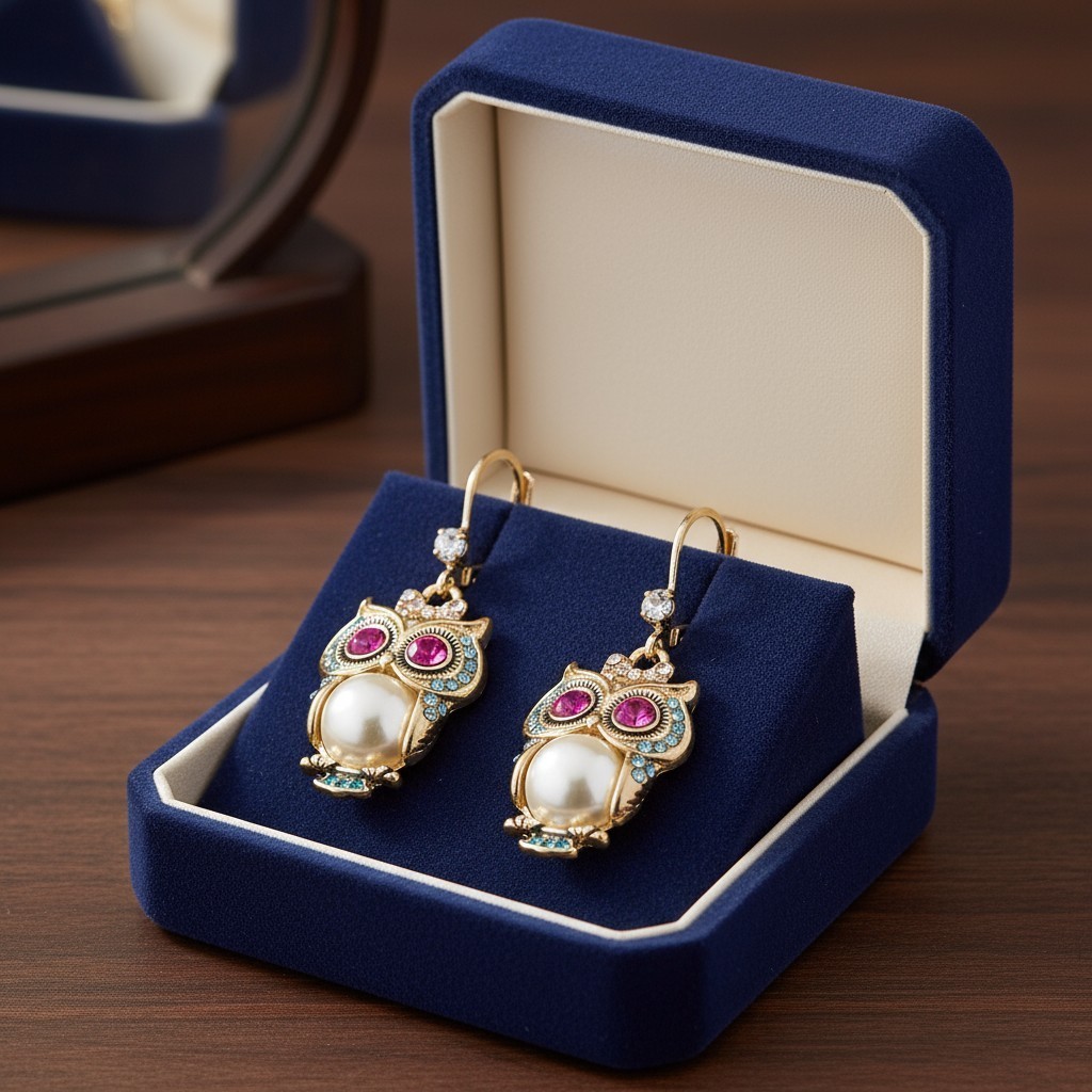 Betsey Johnson Pearl Owl Drop Earrings – Gold-Tone Critter Mixed Stone Accents