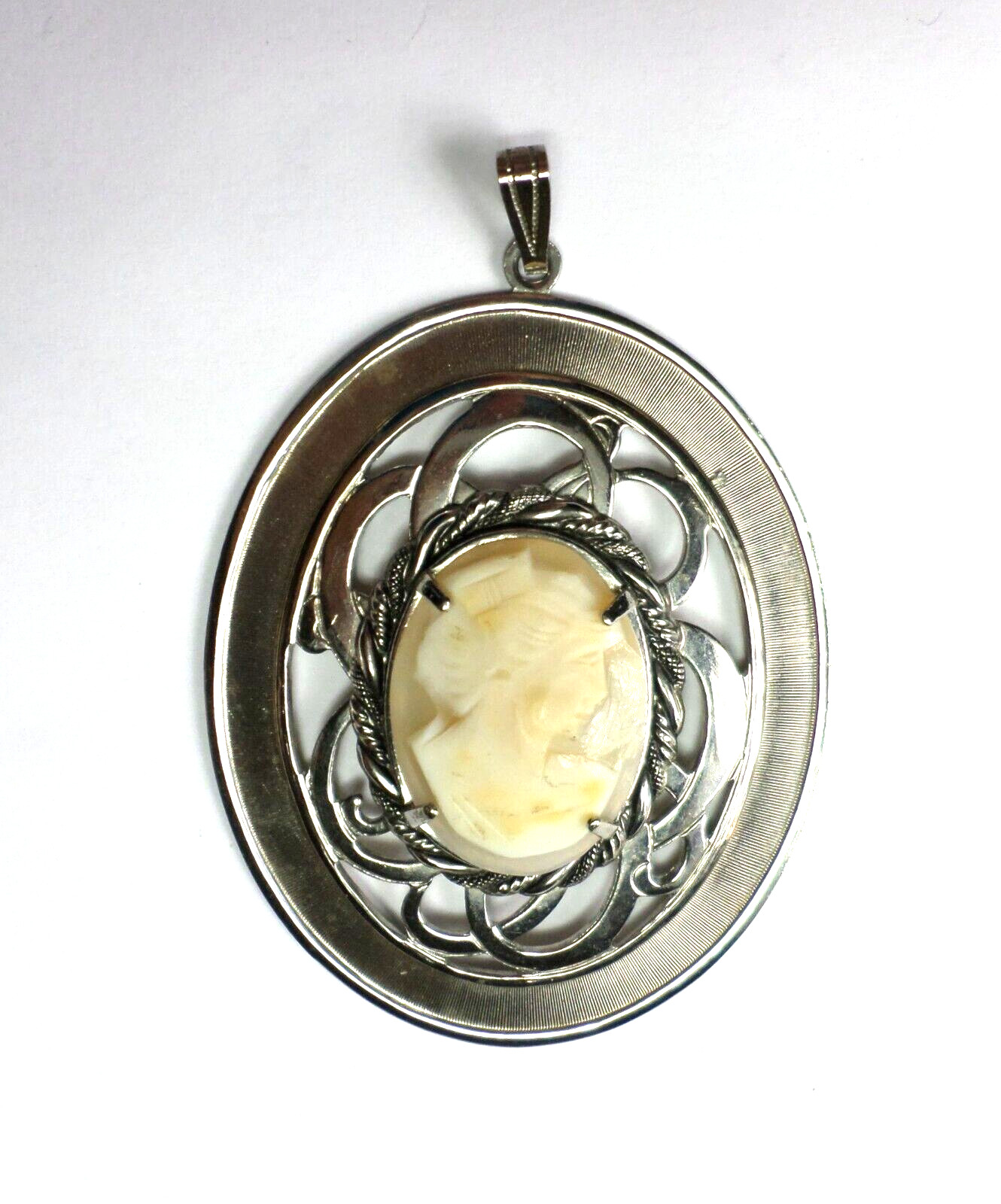 Vintage Woman Shell Cameo 30x22mm Facing Right XLarge Silver Pendant 84x55mm