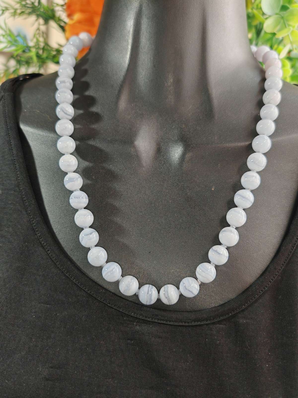 Blue lace chalcedony knotted simple gemstone 10mm bead necklace