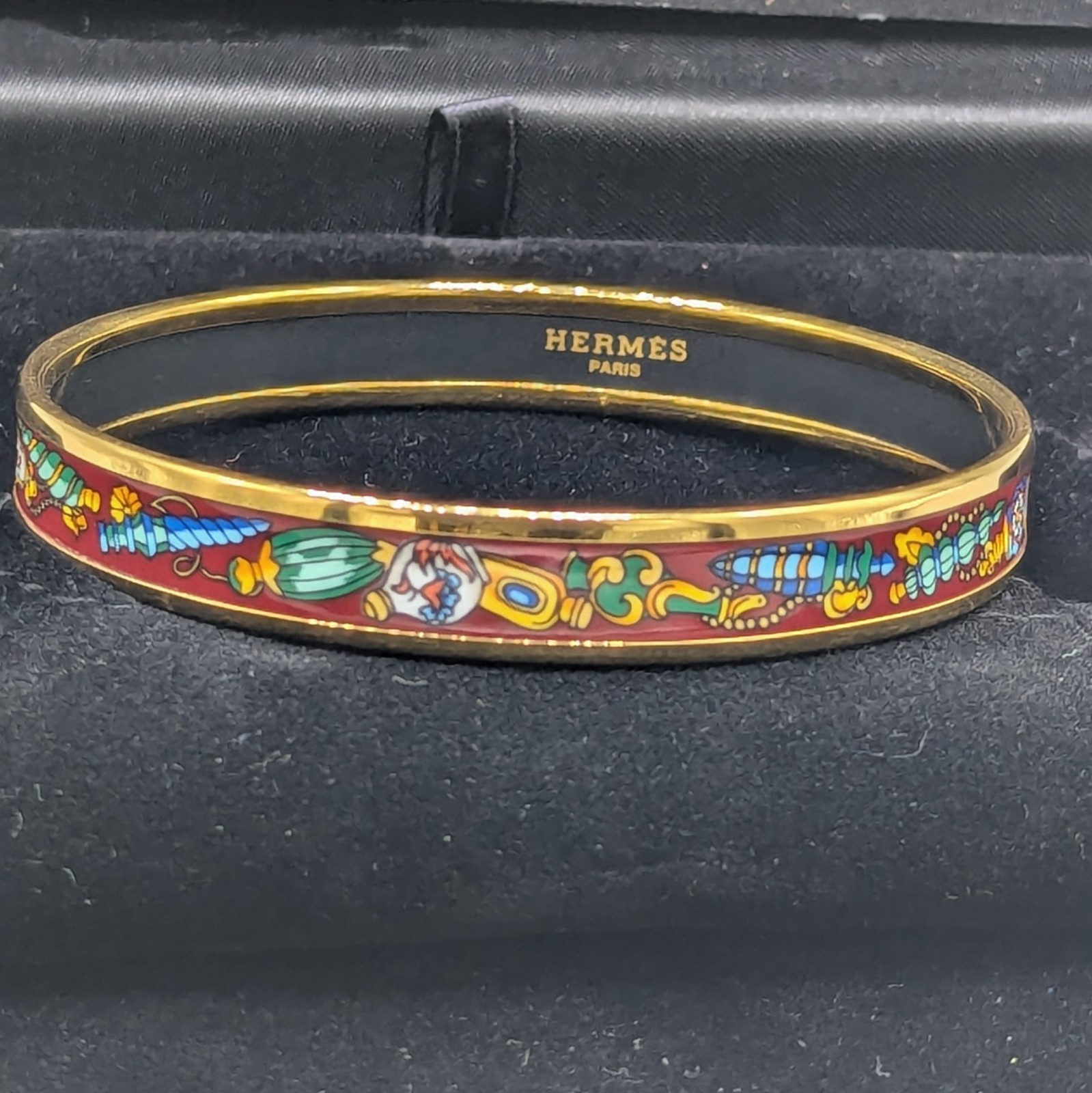 Authentic Hermès Narrow Printed Enamel Bangle Bracelet Gold Plated