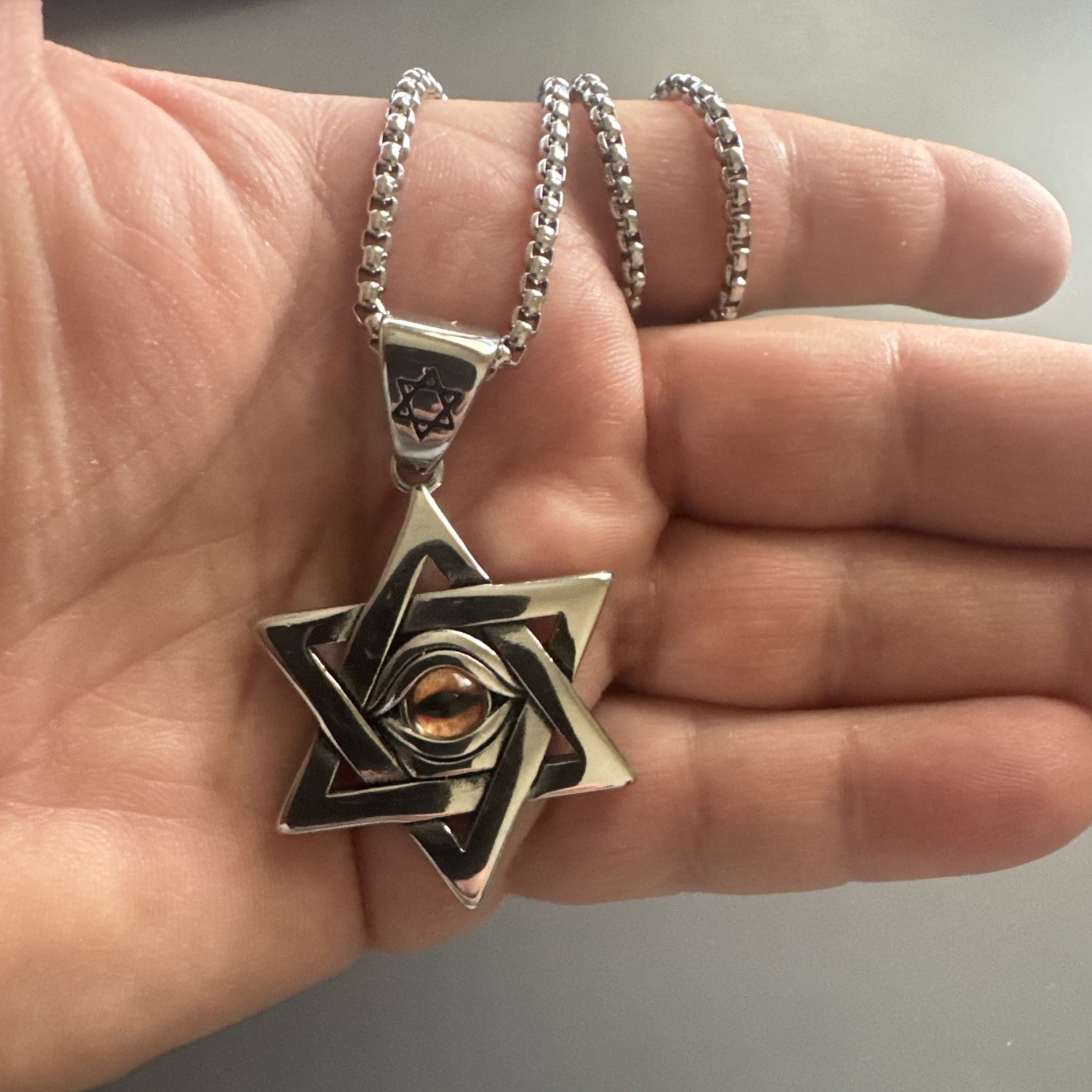 Star Of David Evil Eye Stainless Steel Pendant 24” Chain Jewish Religious Israel