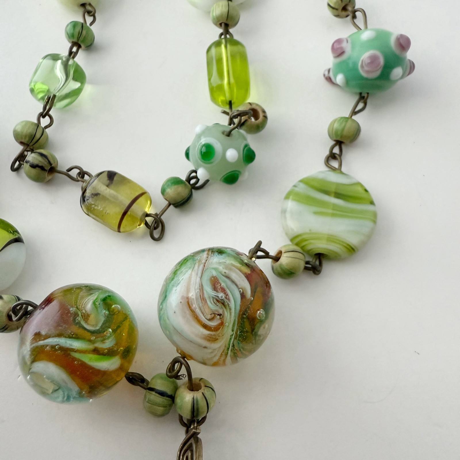 Vintage Green Multicolor Lampwork Art Glass Beaded Heart Drop Necklace