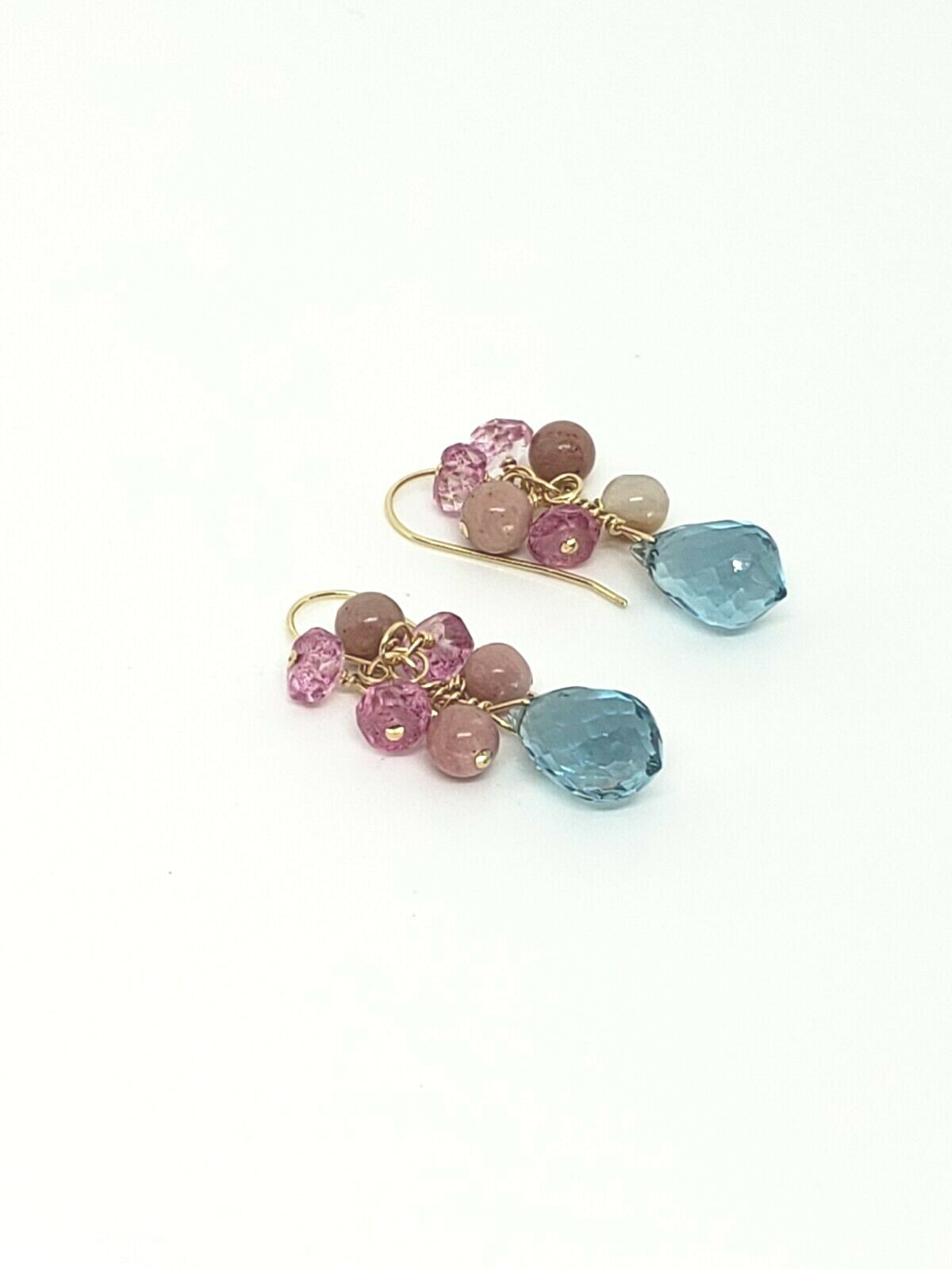 14k Yellow Gold Blue and Pink Topaz Pink Peruvian Opal Cluster Dangle Earrings