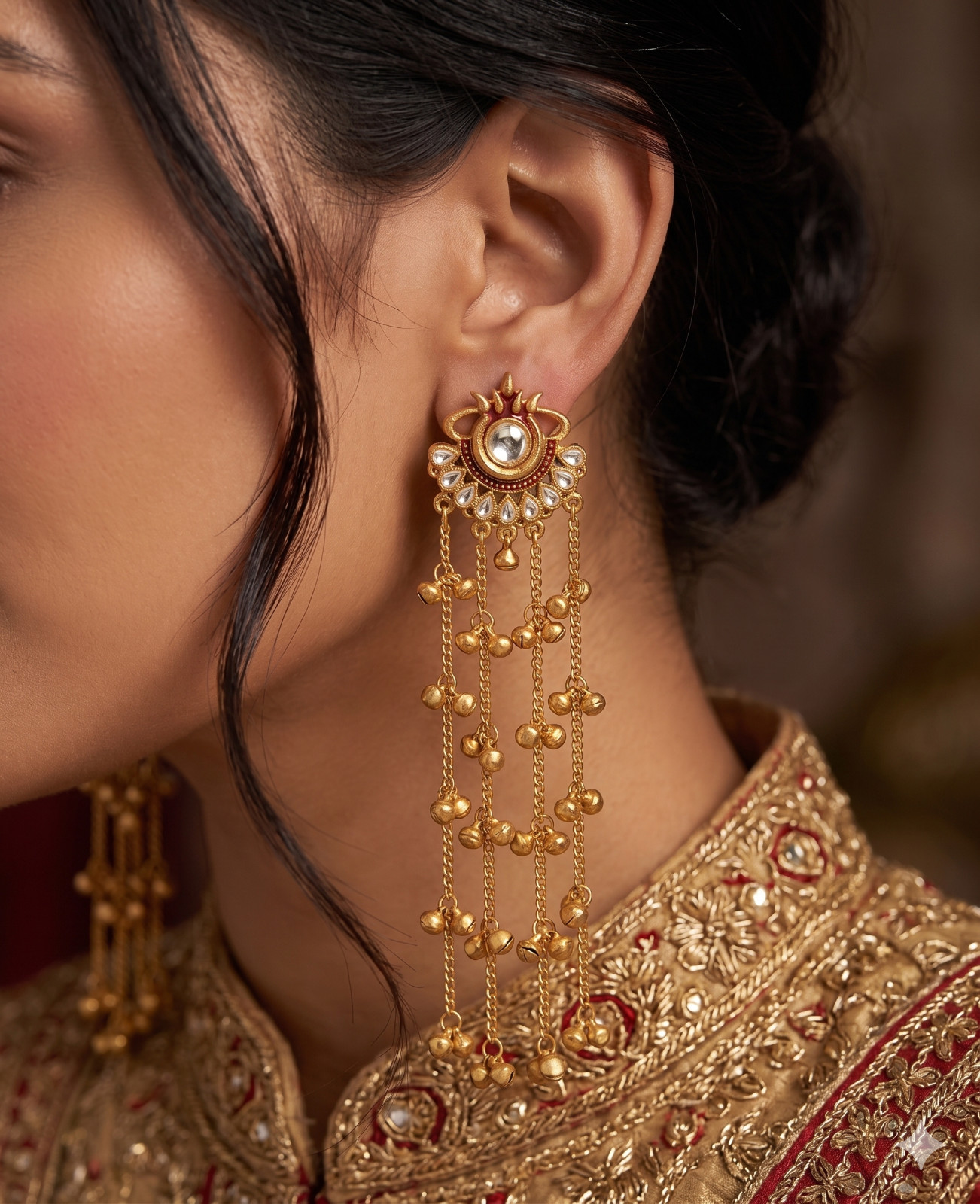 Indian Traditional Gold Plated Jhumka kashmiri Earrings Long Chain Ghungroo Drop