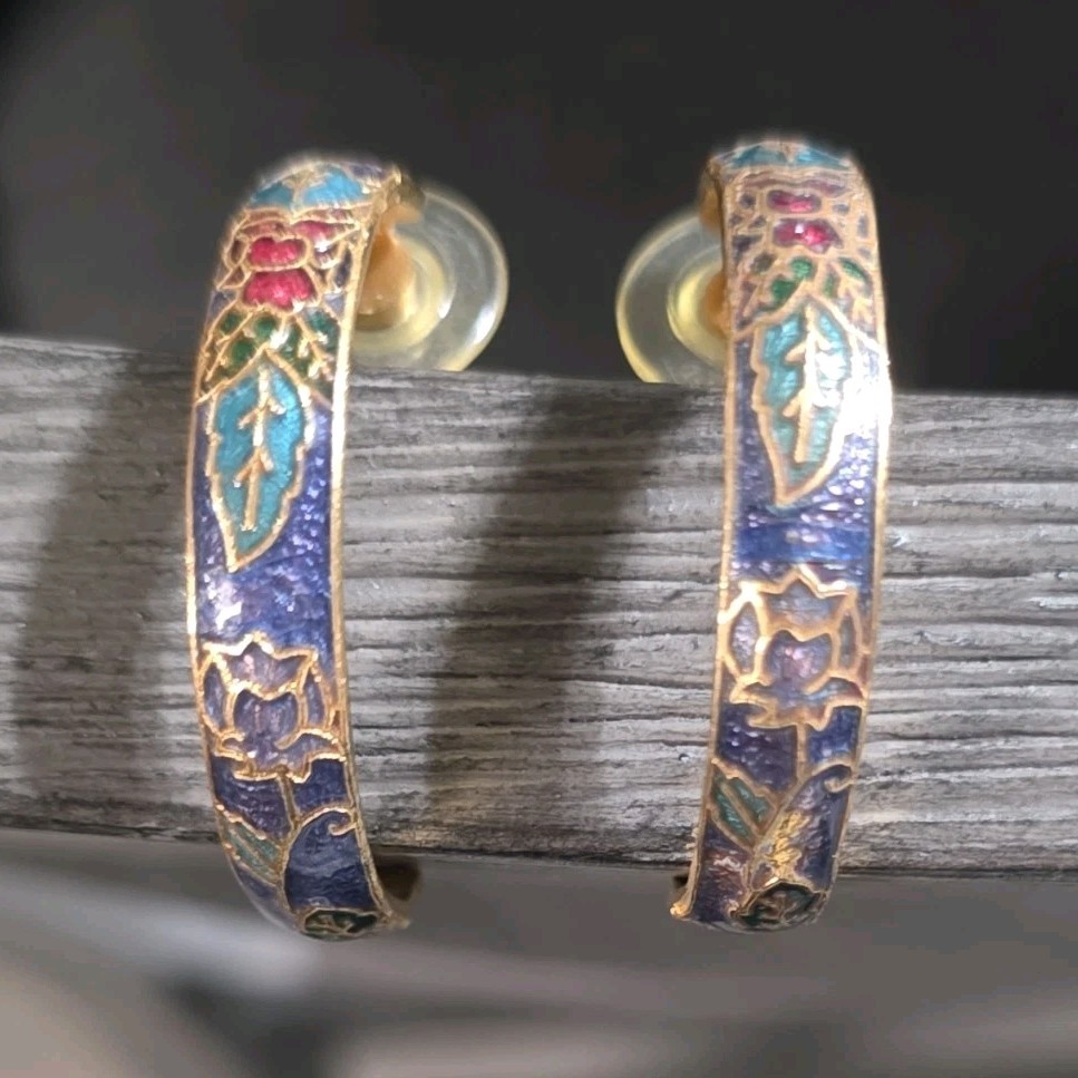 Gold Blue Red Green Enamel Floral Hoop Earrings Butterfly Closure Fashion Theme