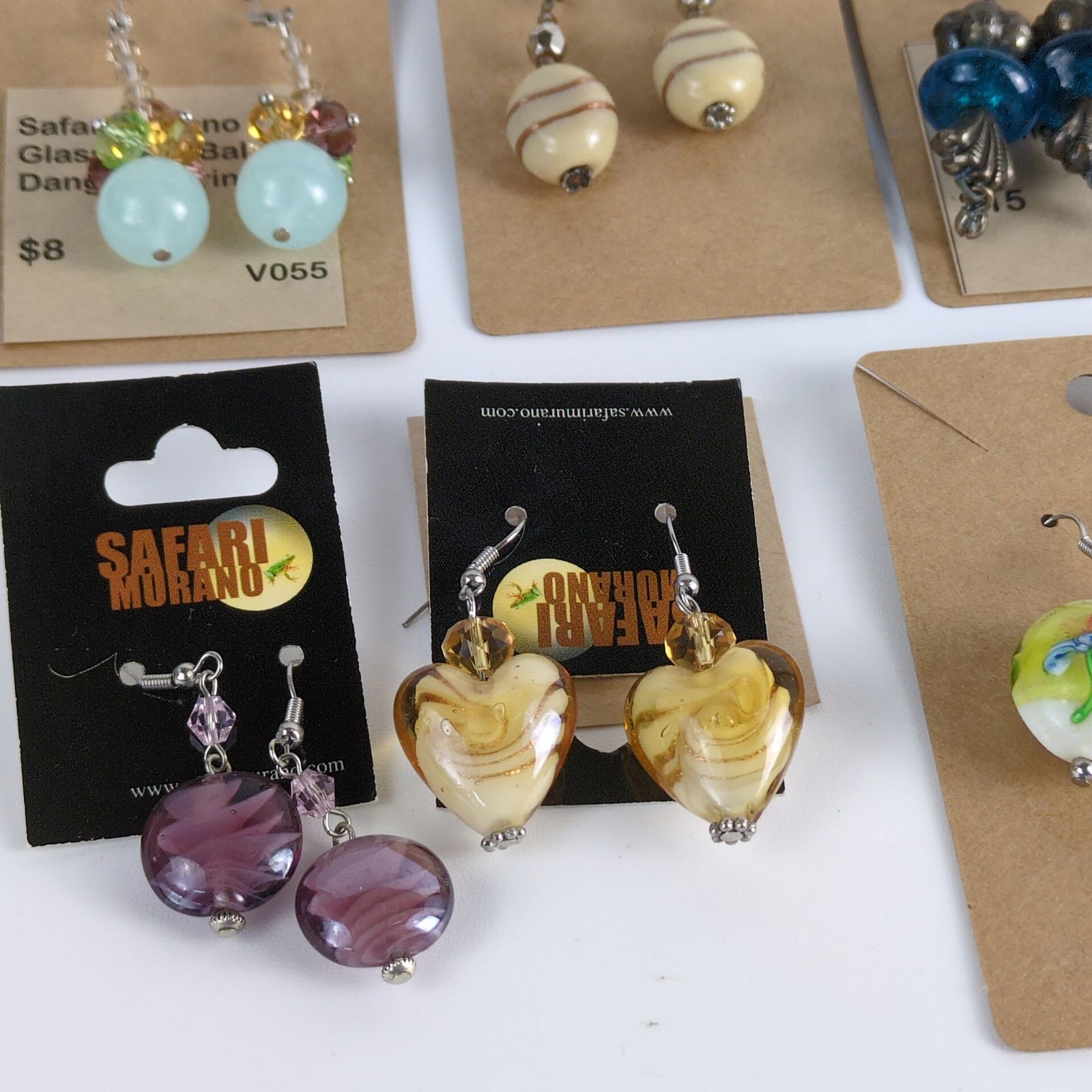 NEW 8 Pair Lot Art Glass Dangle Earrings, Safari Murano Purple Gold Pewter Blue+