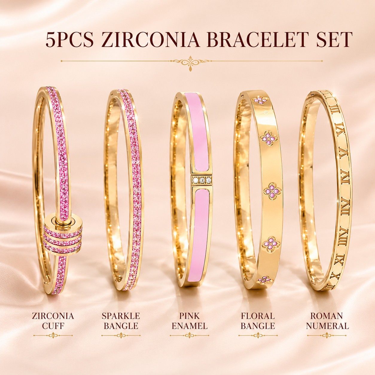 5pc Gold Pink Zirconia Bangle Bracelet Set Stainless Steel Jewelry Gift