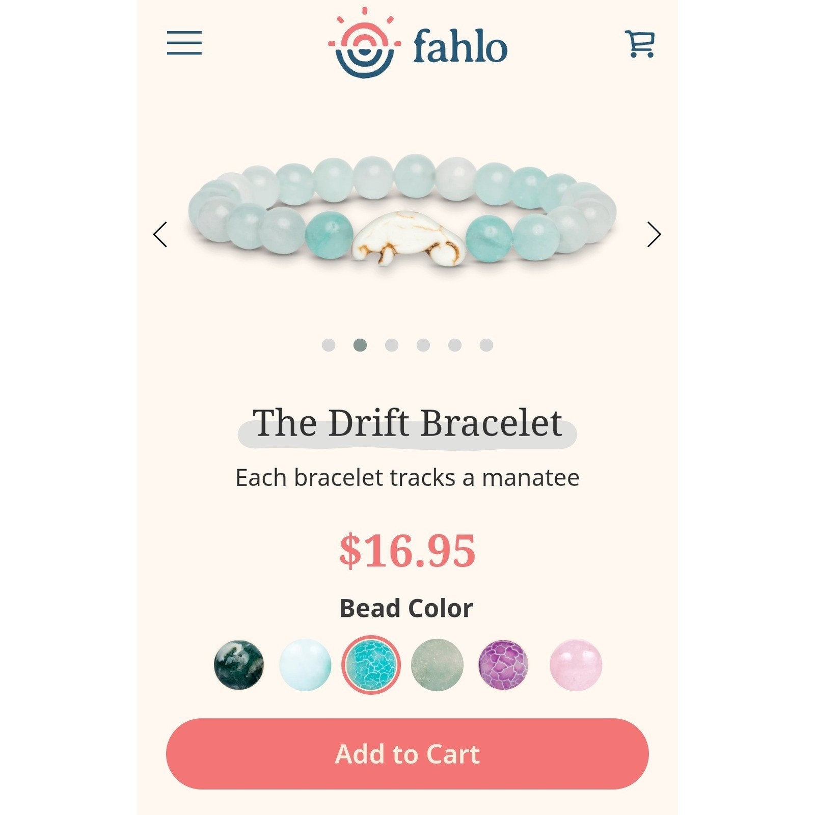 Fahlo Drift Bracelet Aqua Blue NWT Manatee Tracking Stone Bead Animal QR code