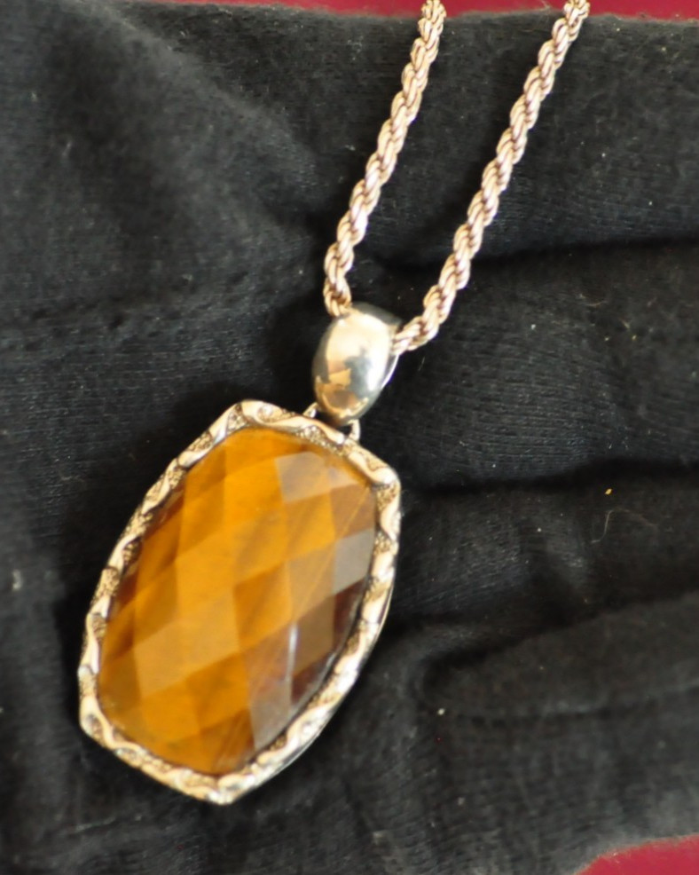 Sterling Tiger’s Eye Pendant on Italian 925 Necklace Chain – 30g, Ornate Silver