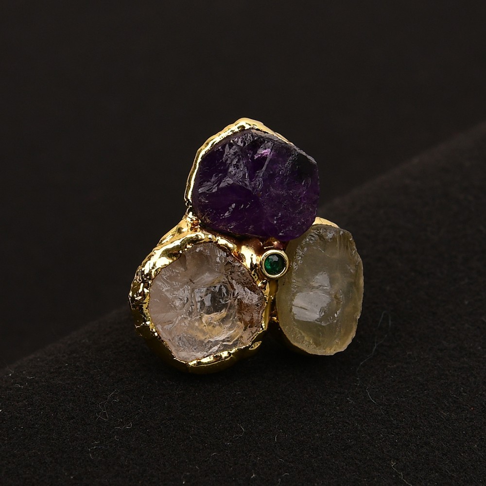 Natural Purple Amethyst Quartz Yelllow Citrine Gold Plated Rings For Women