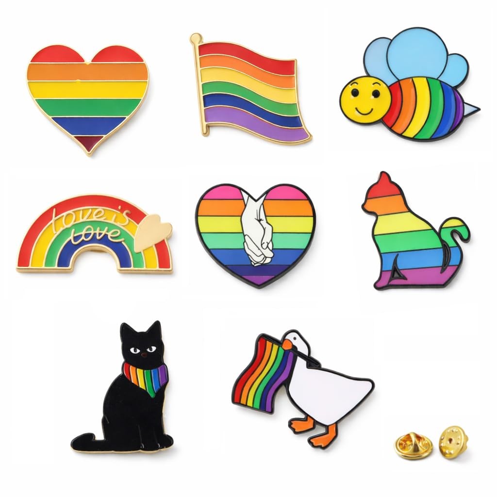 8 Pack Rainbow Enamel Pins Set, Cute Pride Lapel Pins with 2 Spare Pin Backs,…