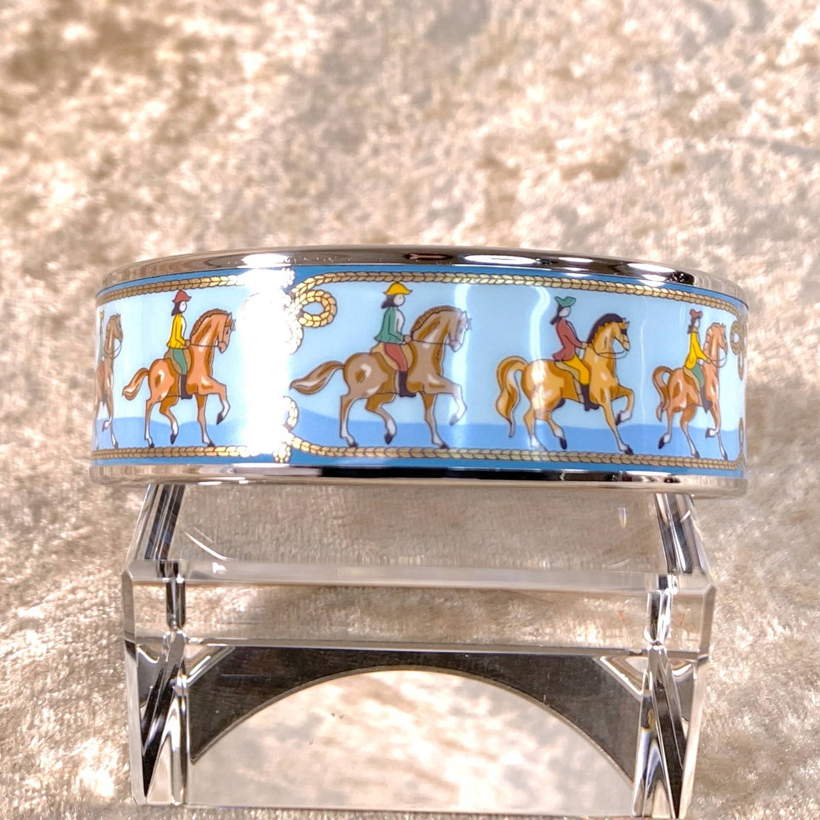 Vintage Hermes Bangle Bracelet Enamel Blue Horse Silver Rim Size 65 with Box