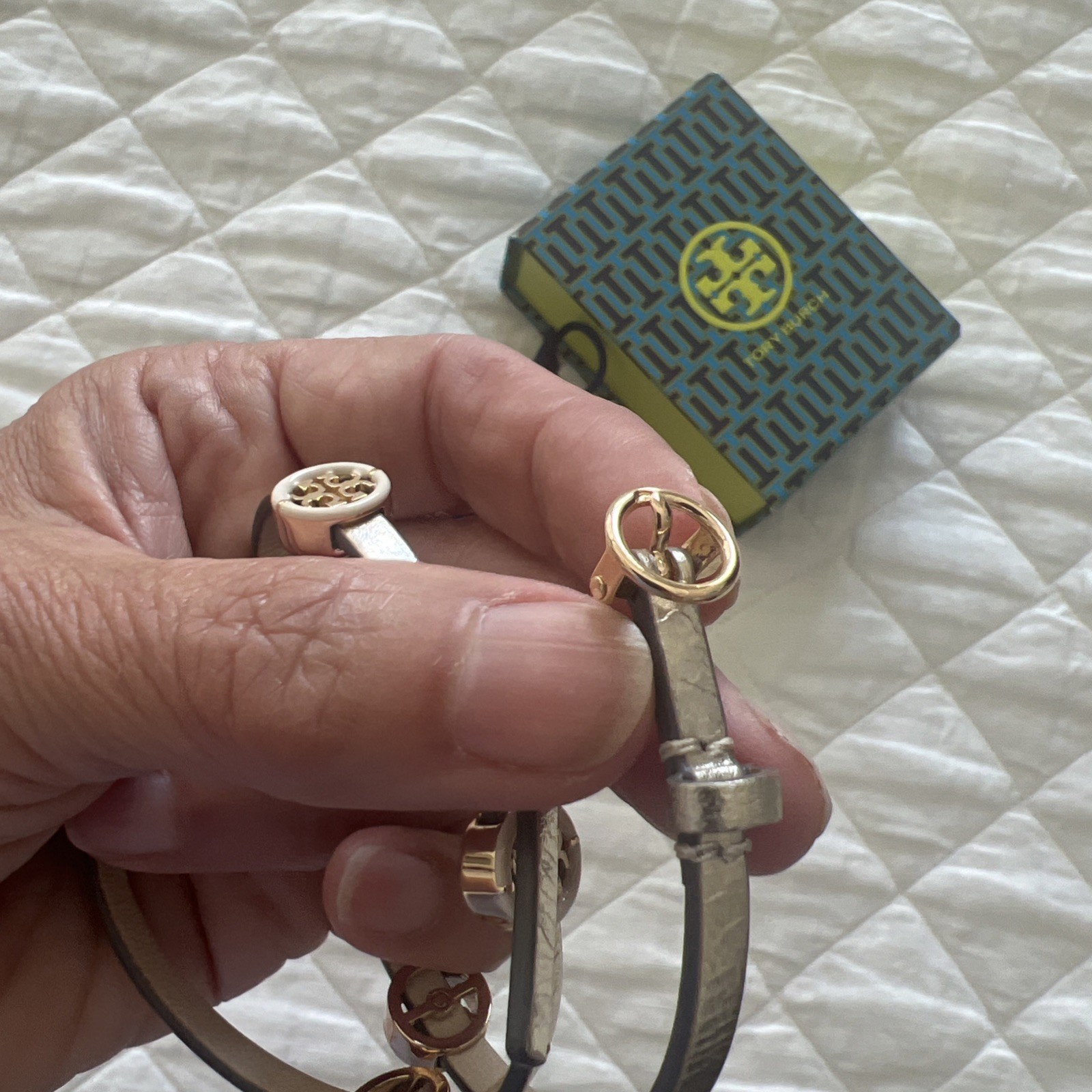 Tory Burch Gold Leather Double Wrap Bracelet Gold Logo Buckle Adjustable