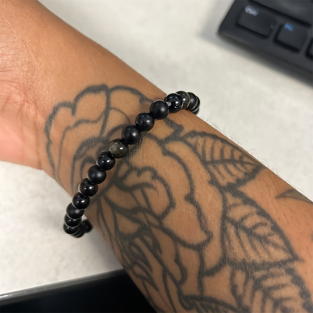 Triple Protection Bracelet 6mm Black Onyx Tourmaline Obsidian Stone Bracelet