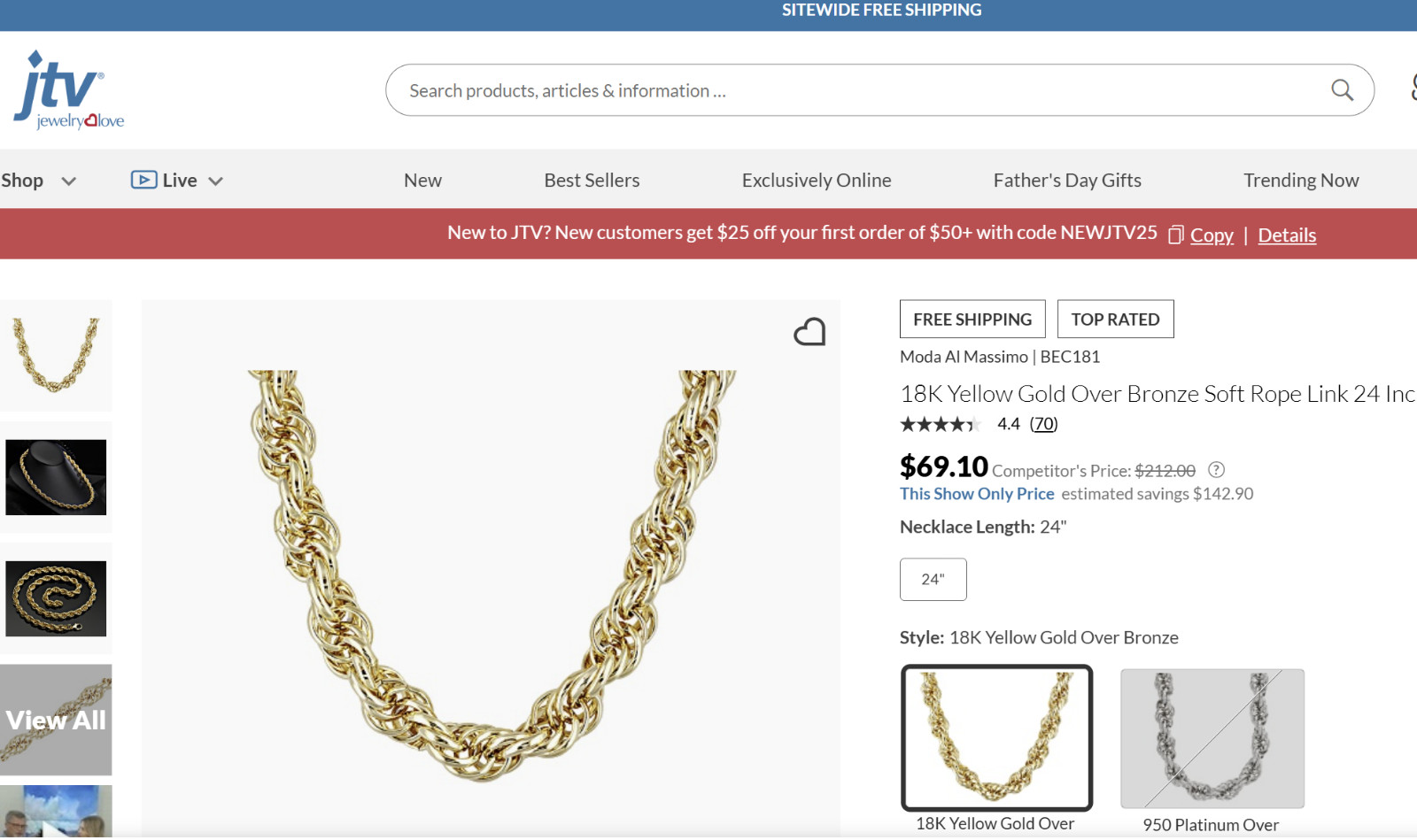 18K GP Over Bronze 24″ Soft Rope Link Chain Moda Al Massimo for JTV BEC181 NIB