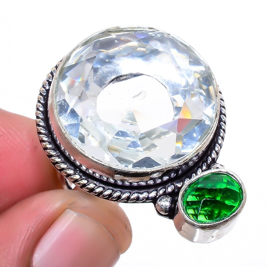 White Topaz & Tsavorite Gemstone 925 Silver Plated Ring s.7 F1876