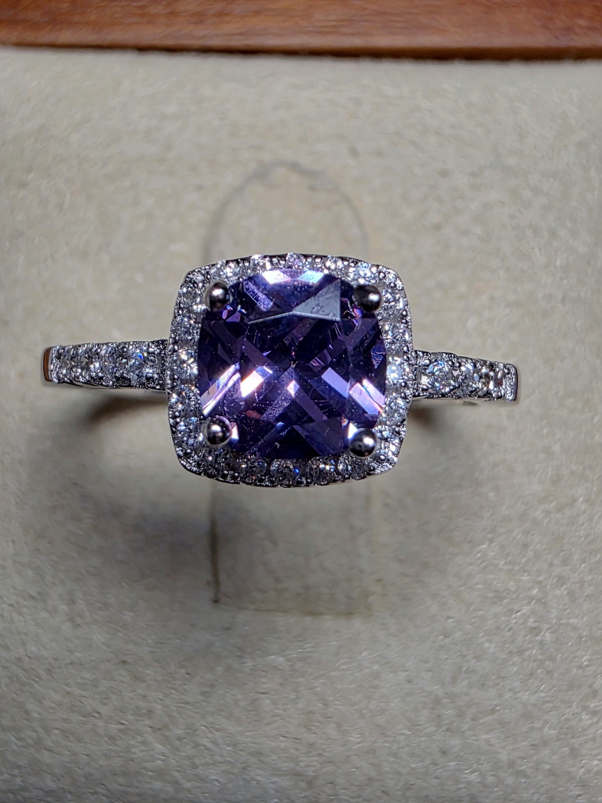 S6 Cushion Purple Amethyst Halo Moissanite Ring 925 Sterling Silver