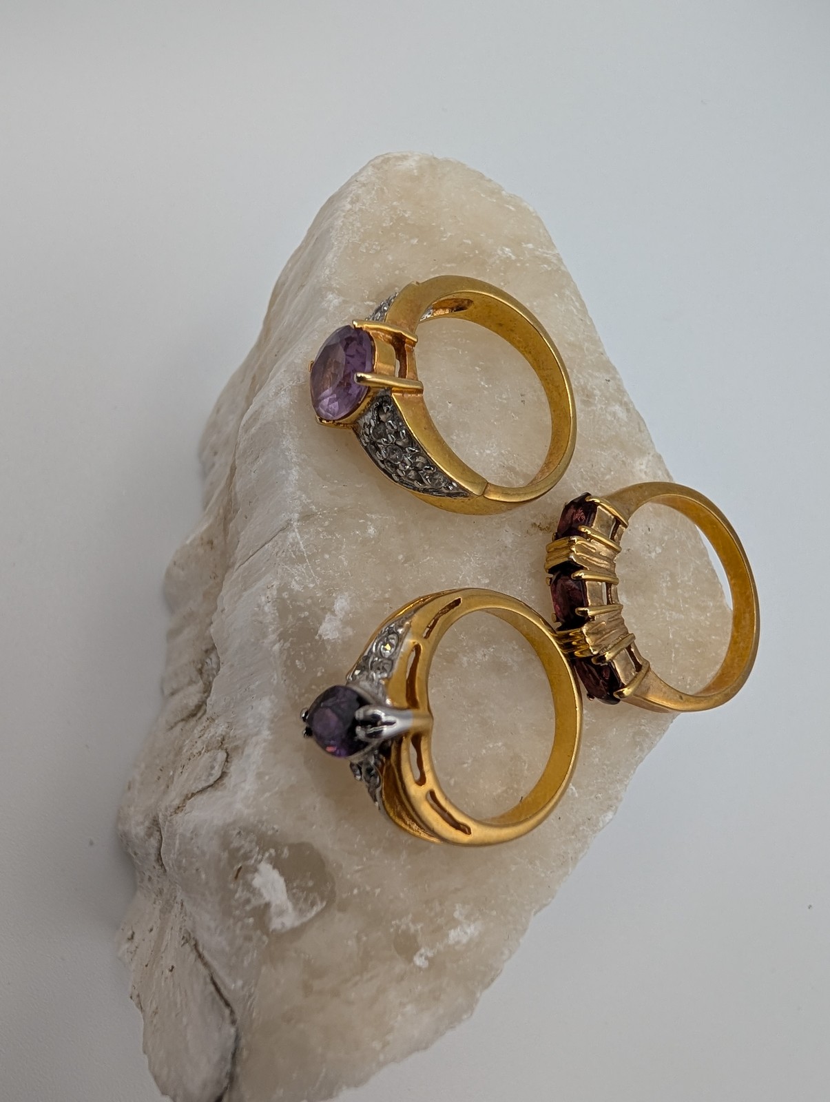 Lot of 3 Gold Tone Purple & Clear Stone Fashion Rings Cocktail Sizes 6.5, 7.5, 8