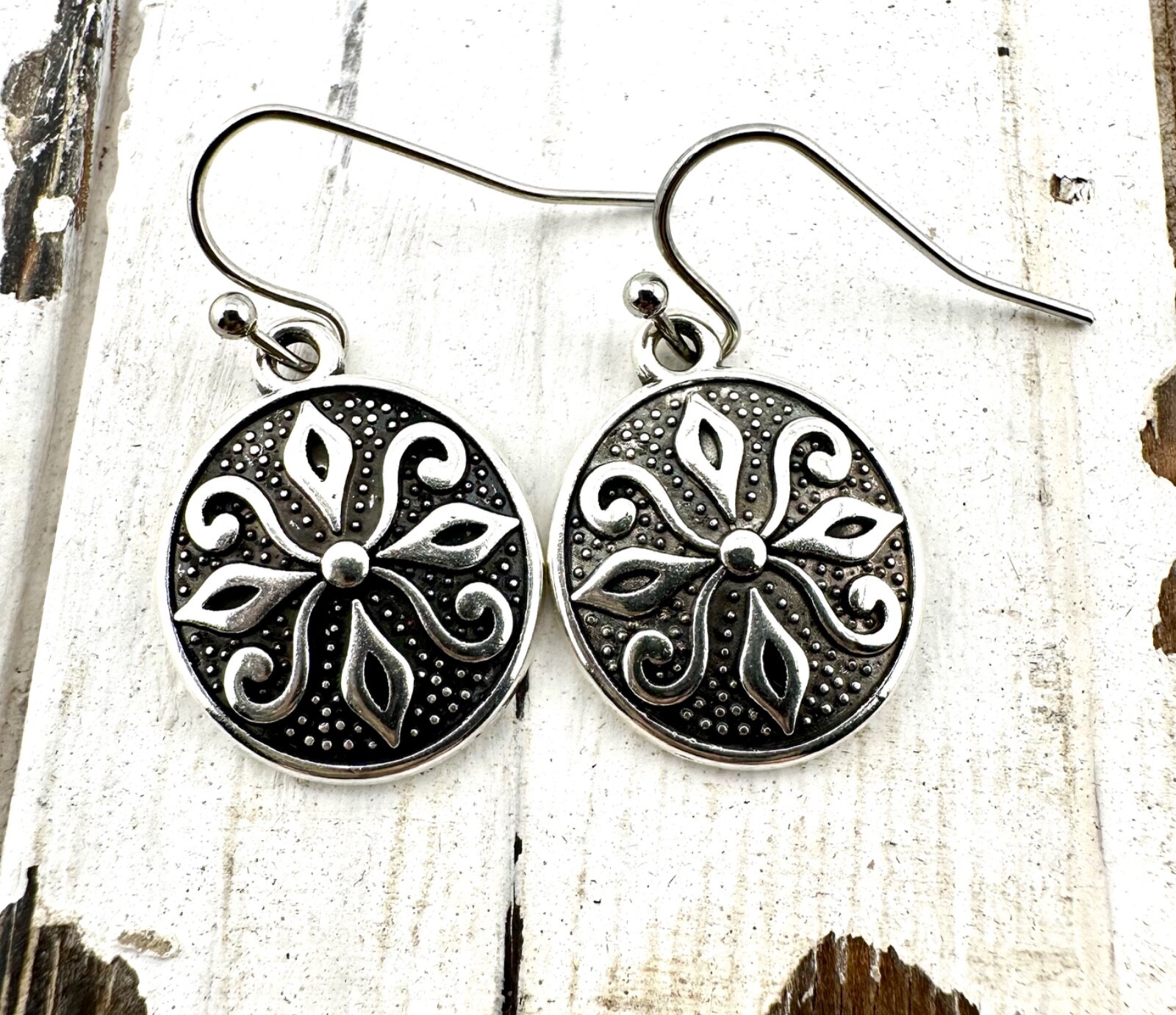 Silver Tone Engraved Folk Art Round Earrings