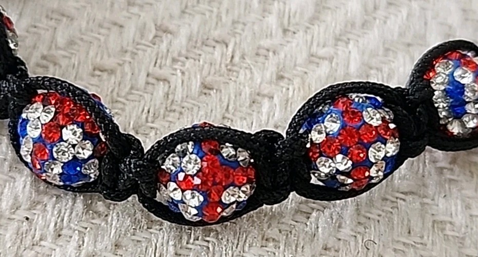 UK United Kingdom Flag Macrame Adjustible Bracelet ~ Crystal Pave Ball Beads