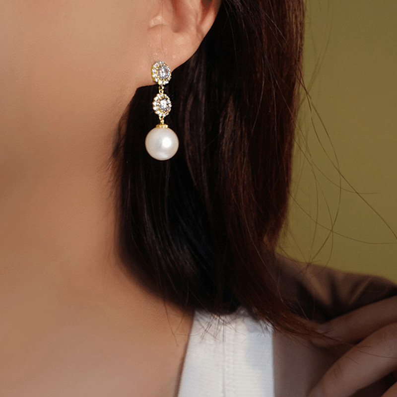 Women’s New Inlaid Rhinestone Tassel Ear Studs Imitation Pearl Pendant Earrings