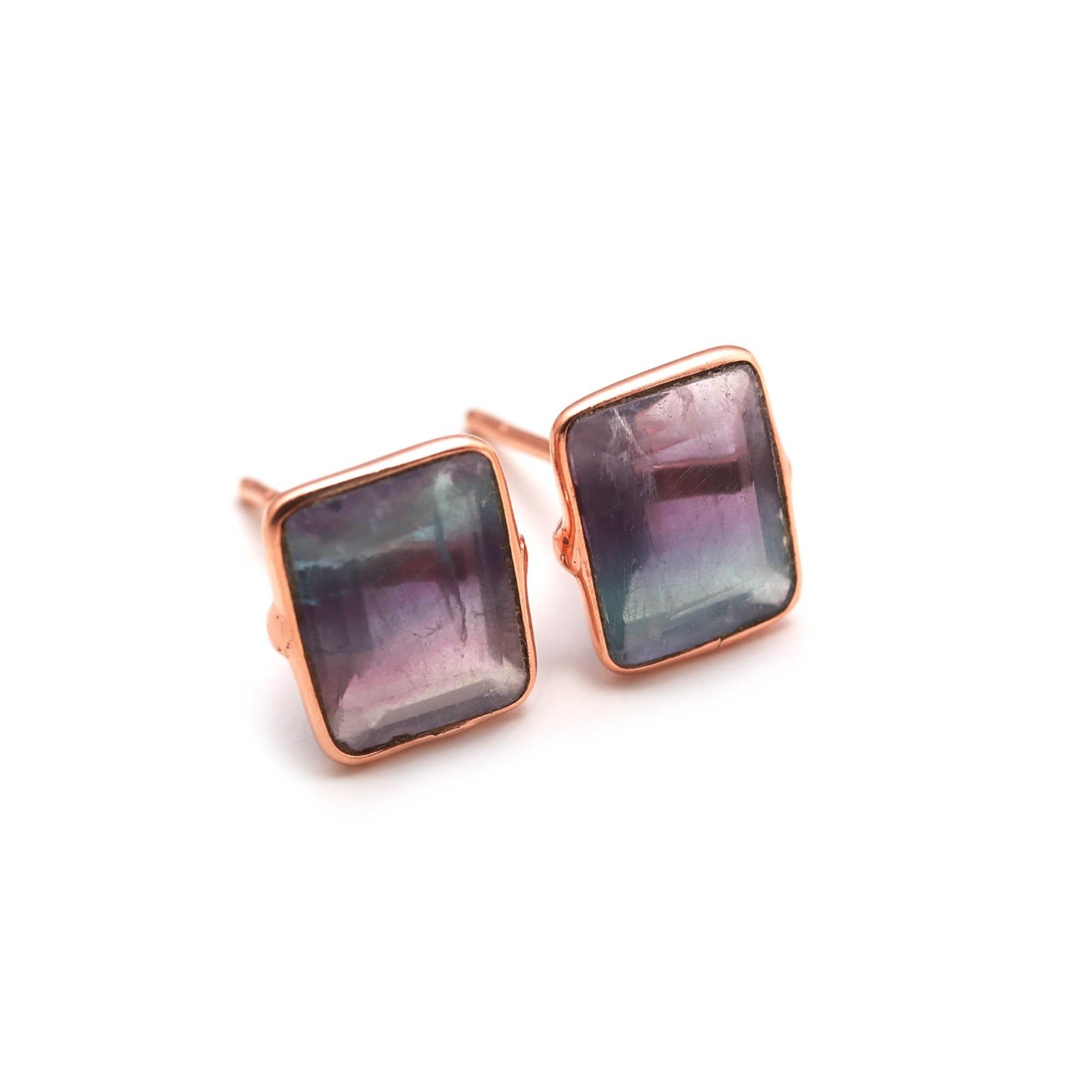 100%Natural Fluorite Octagon Stud Earrings Rose Gold Plated Solid Silver Jewelry