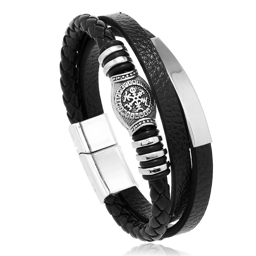 Men Jewelry Black Braided Leather Bracelet Multi-Layer Stainless Steel Clasp A