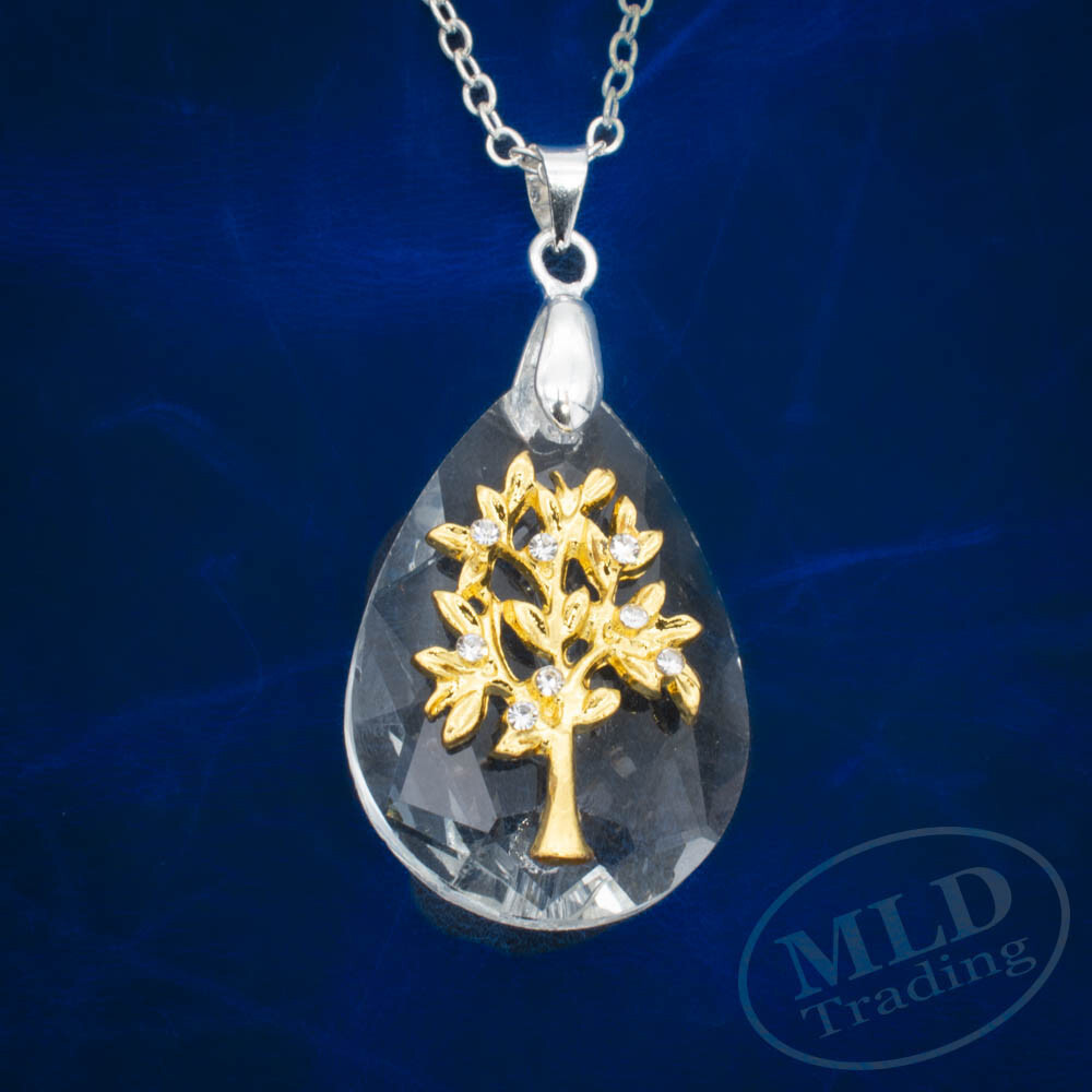 Crystal Tree of Life Pendant Necklace – 18″ Oval Link Chain, Gold Zinc Alloy