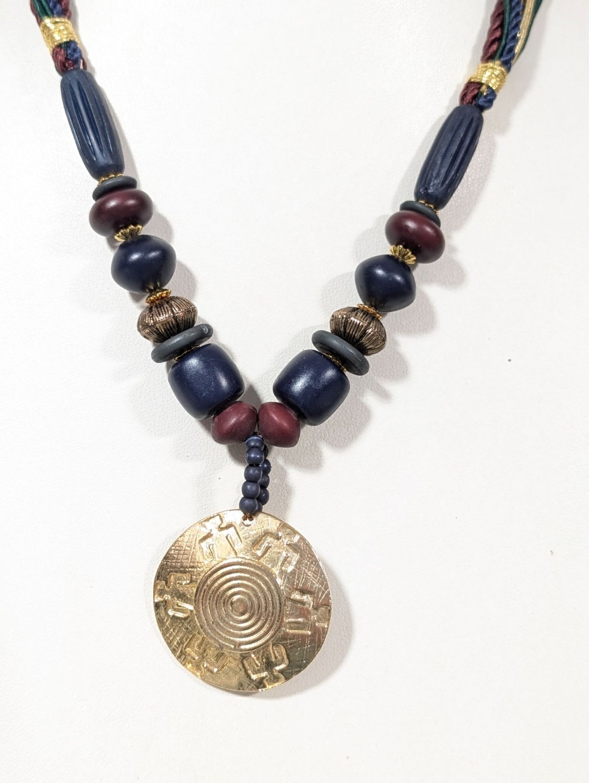 Retro Tribal Medallion Blue Red Green Multi Cord Gold Tone Necklace 18″