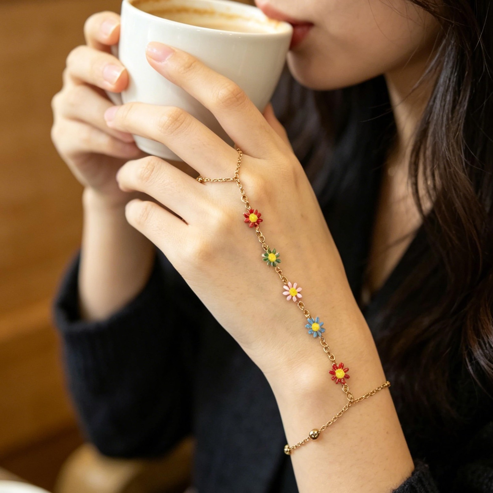7Pcs Adjustable 14K Gold Plated Hand Chain Bracelets for Women, Stackable Dainty